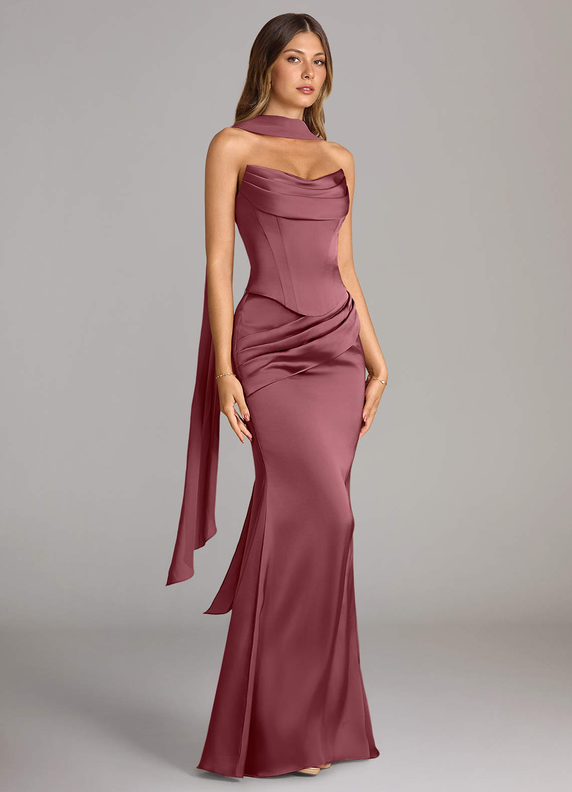 Azazie Sorrel Vestidos de madrinha de casamento Vestido Rosa Do Deserto de Cetim elástico de sereia com Sem alças image3