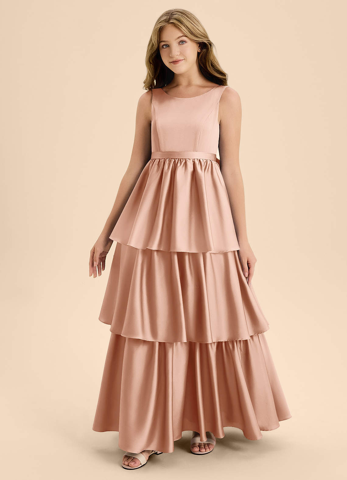 Azazie Meadowyn Junior Abito A-Line in Raso Elasticizzato Fiocco Oro Rosa image3