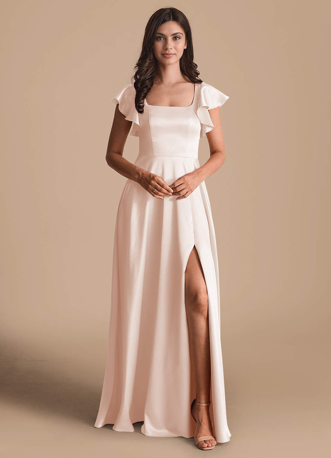 Azazie Bondi Bridesmaid Dresses Rose Gold A-Line Bow Metallic Satin Dress image1