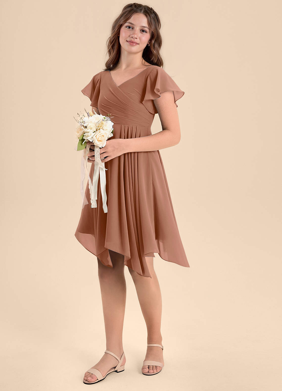 Azazie Janeaurelia Junior Bronzer A-Line Pleated Chiffon Dress image1
