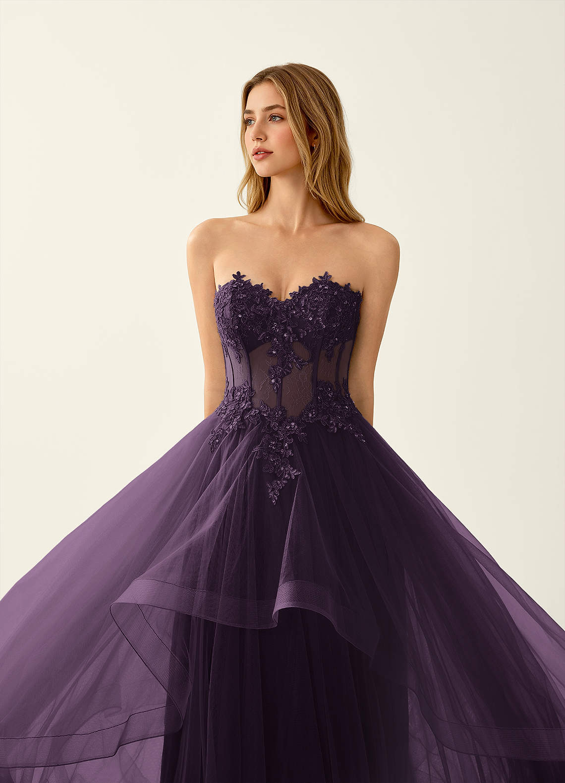 Anais Dark Purple Corset Lace Up Back Lace Ruffled Prom Dress | Azazie