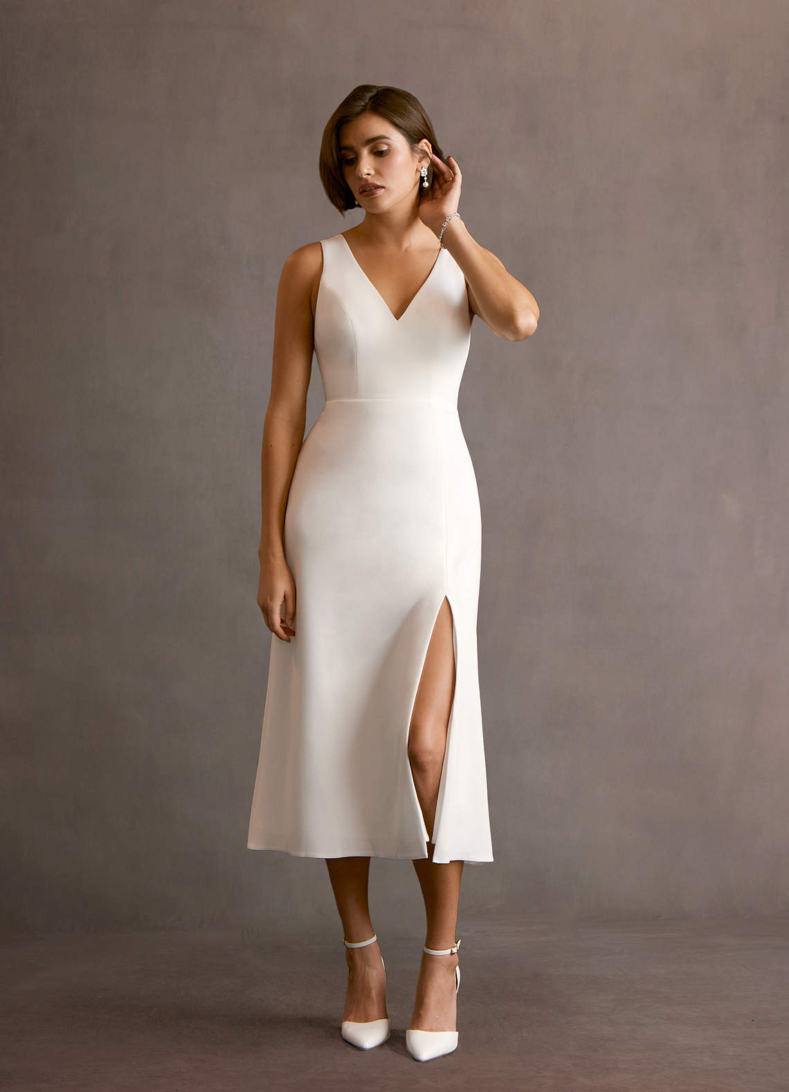 Azazie Chari Wedding Dresses Diamond White A-Line V-Neck Stretch Crepe Dress image2