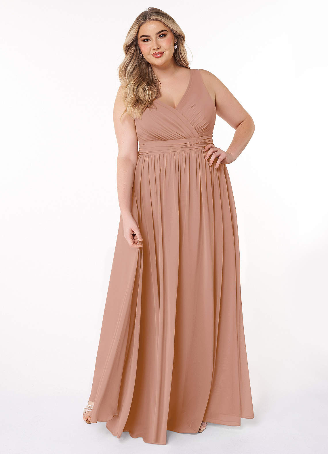 Azazie Kora Brautjungfernkleider A-Linie Plissee Chiffon Kleid Champagner Rosa image1