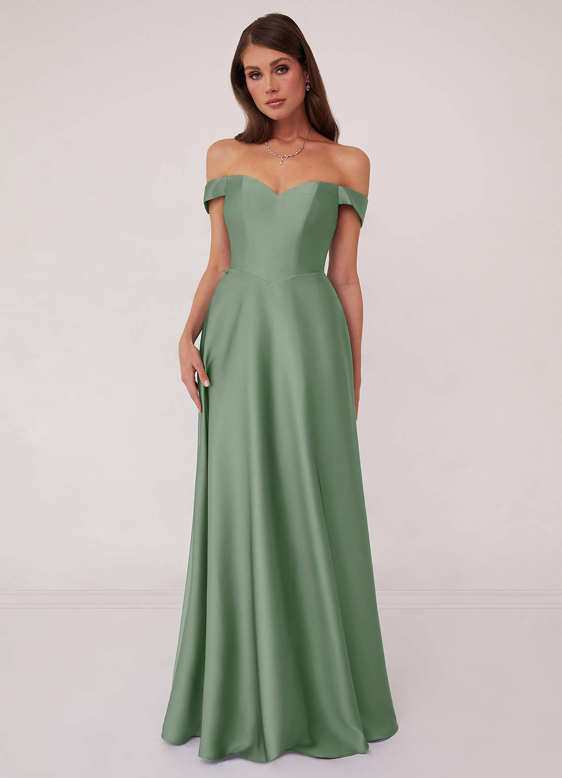 Barbie ♥ Azazie Bridesmaid Dresses Matcha A-Line Off the Shoulder Stretch Satin Convertible Dress image1