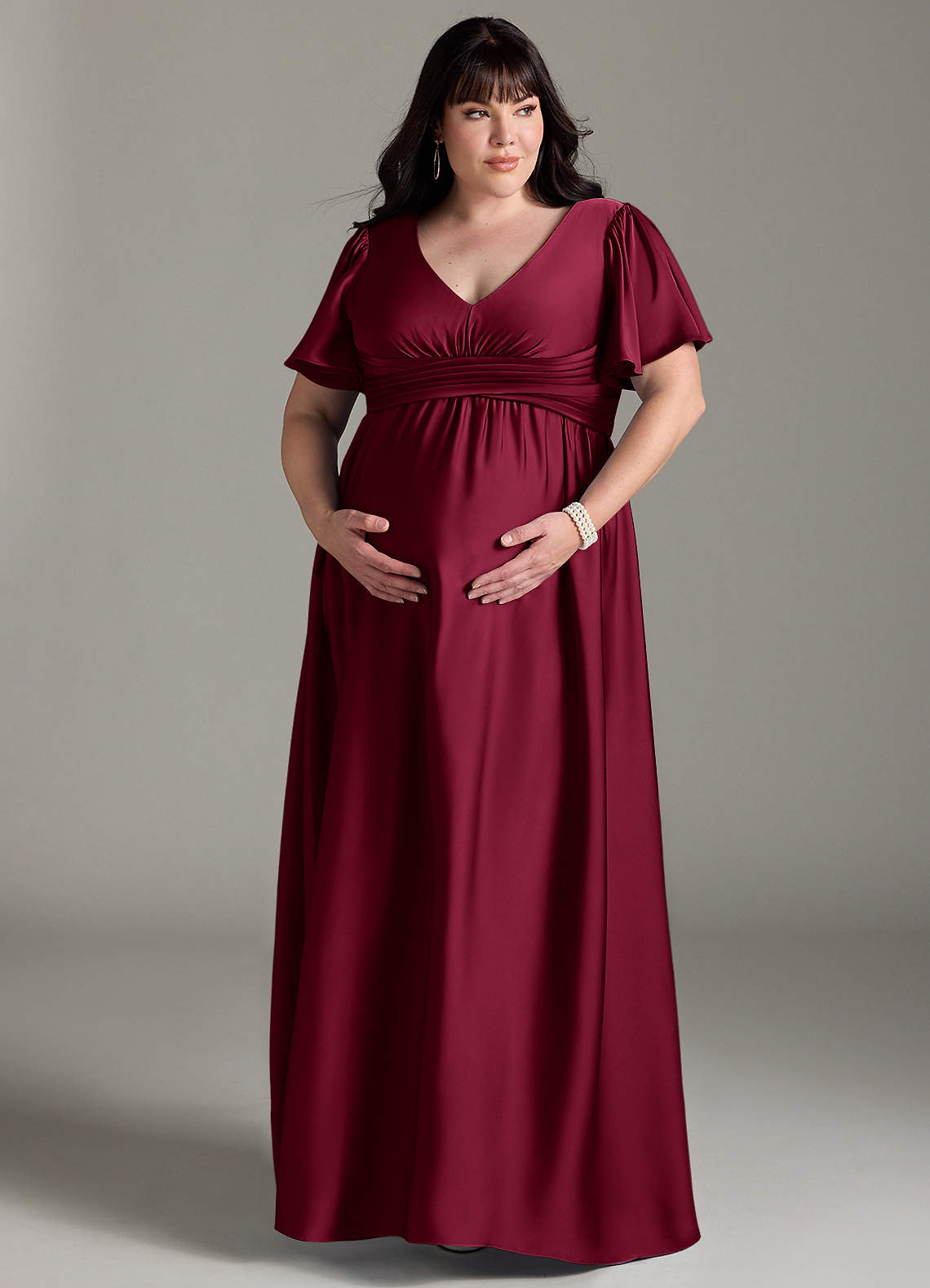 Azazie Verna vestidos de dama de honor de maternidad Vestido de Corte En A Volante Hasta el suelo Satén Elástico image12