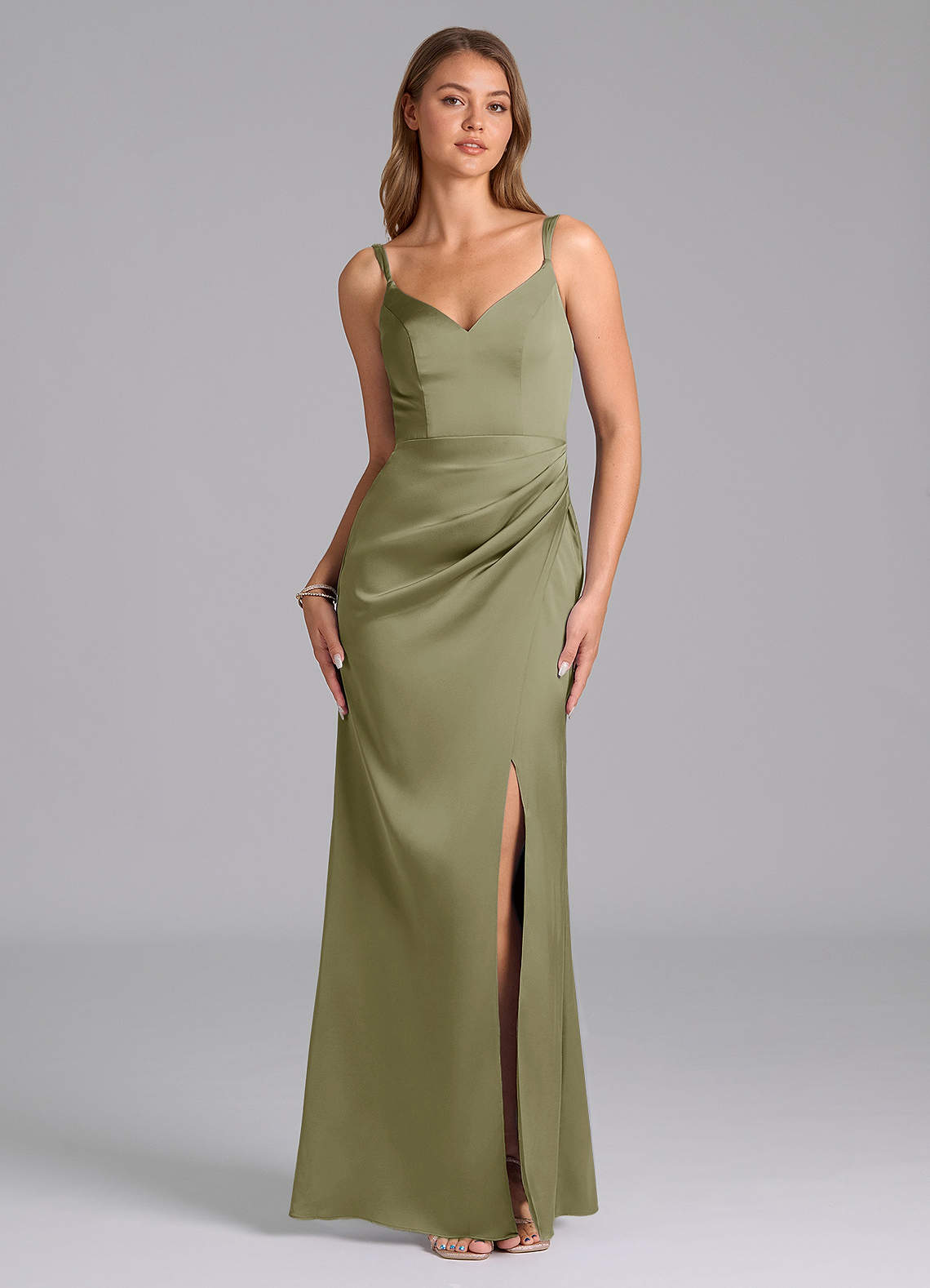 Azazie Leo Bridesmaid Dresses Pistachio Sheath Pleated Stretch Satin Dress image1