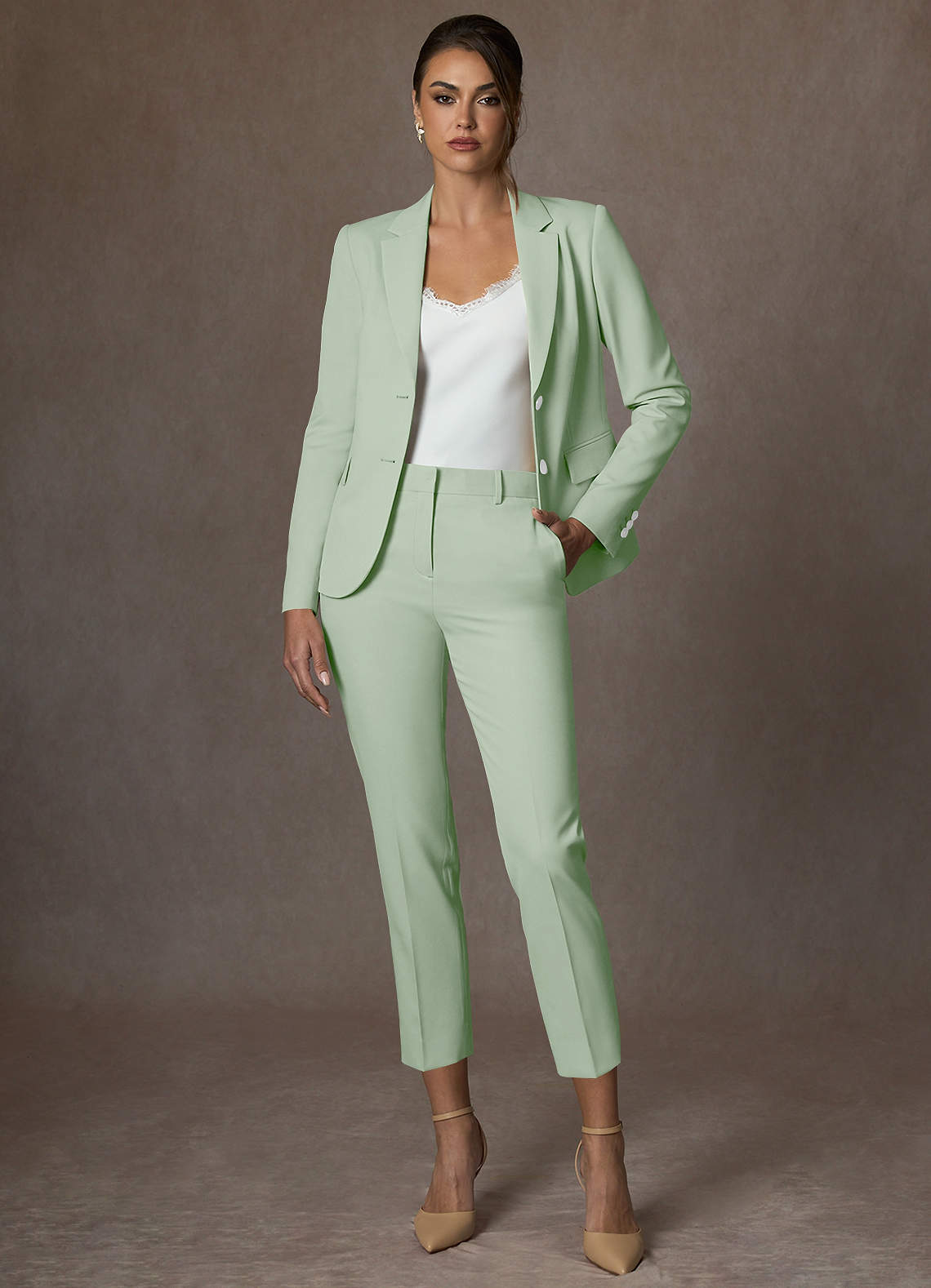 front Whitney Dusty Sage Structured Stretch Cropped Pants Suit