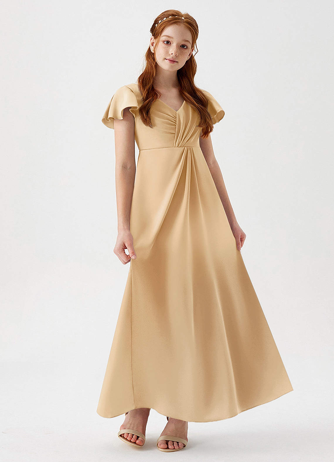 Azazie Soren Junior Vestido de Oro de Satén Elástico de Corte En A con Volante image1