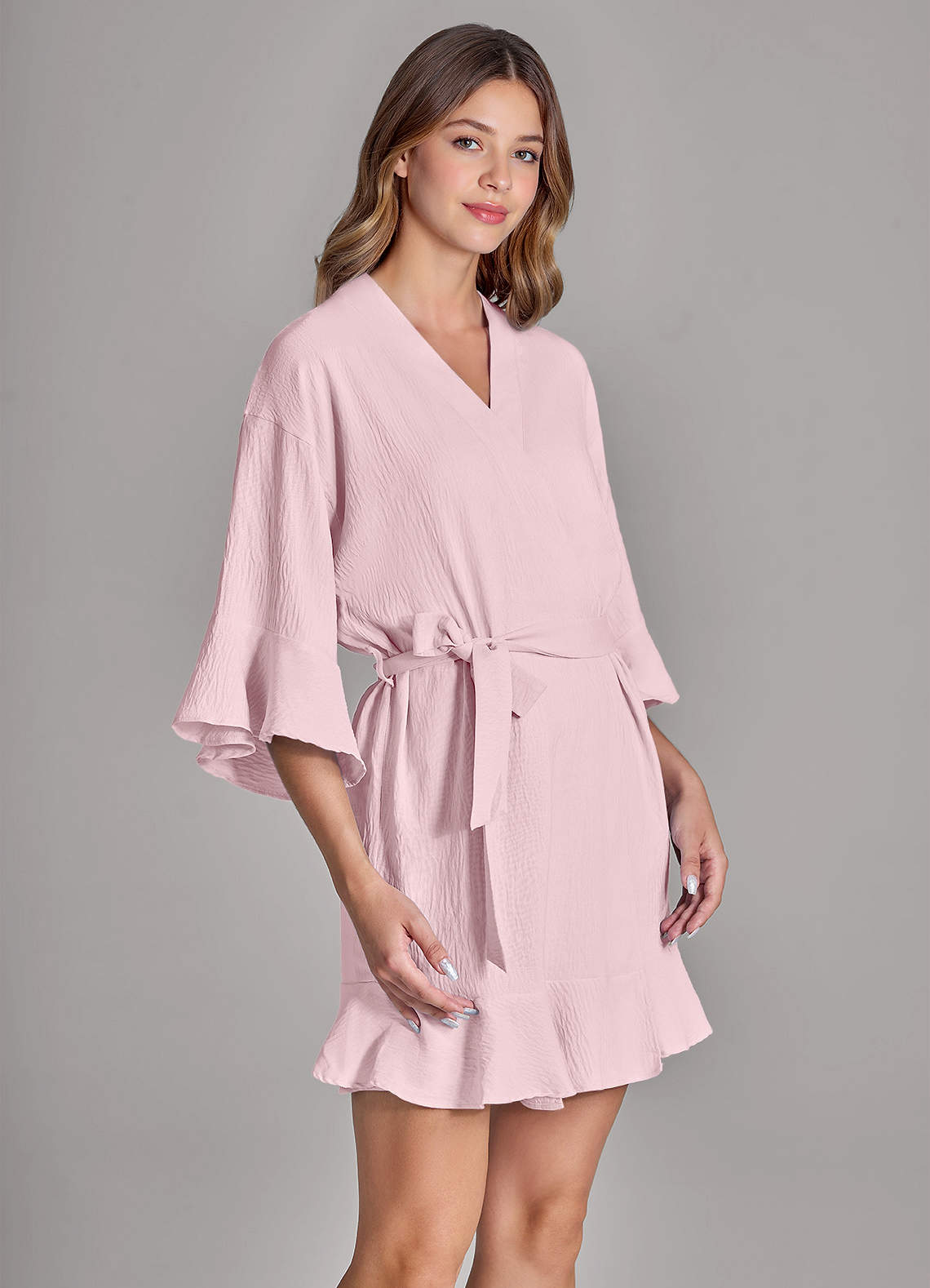 front Matching Color 2-Piece Ruffled Cloud-Soft Robe and Slip Set