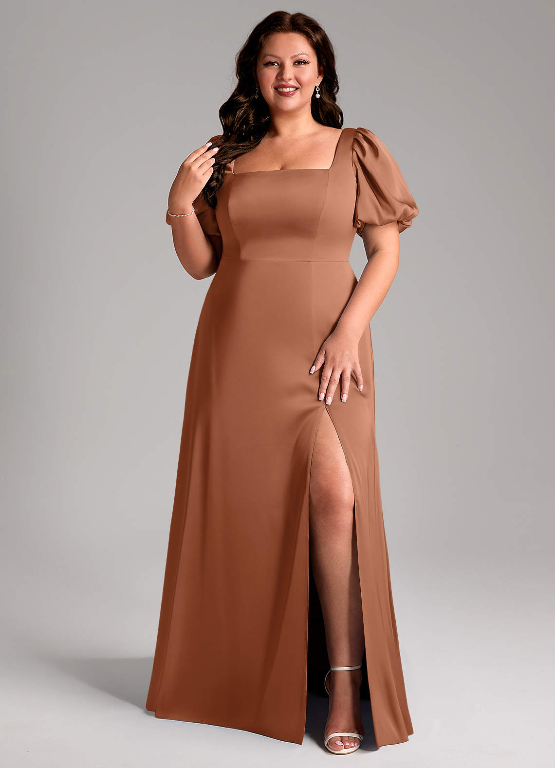 Azazie Fyona Vestidos de damas de honor Vestido de Bronceador de Satén Elástico de Corte en A con Plisado image1