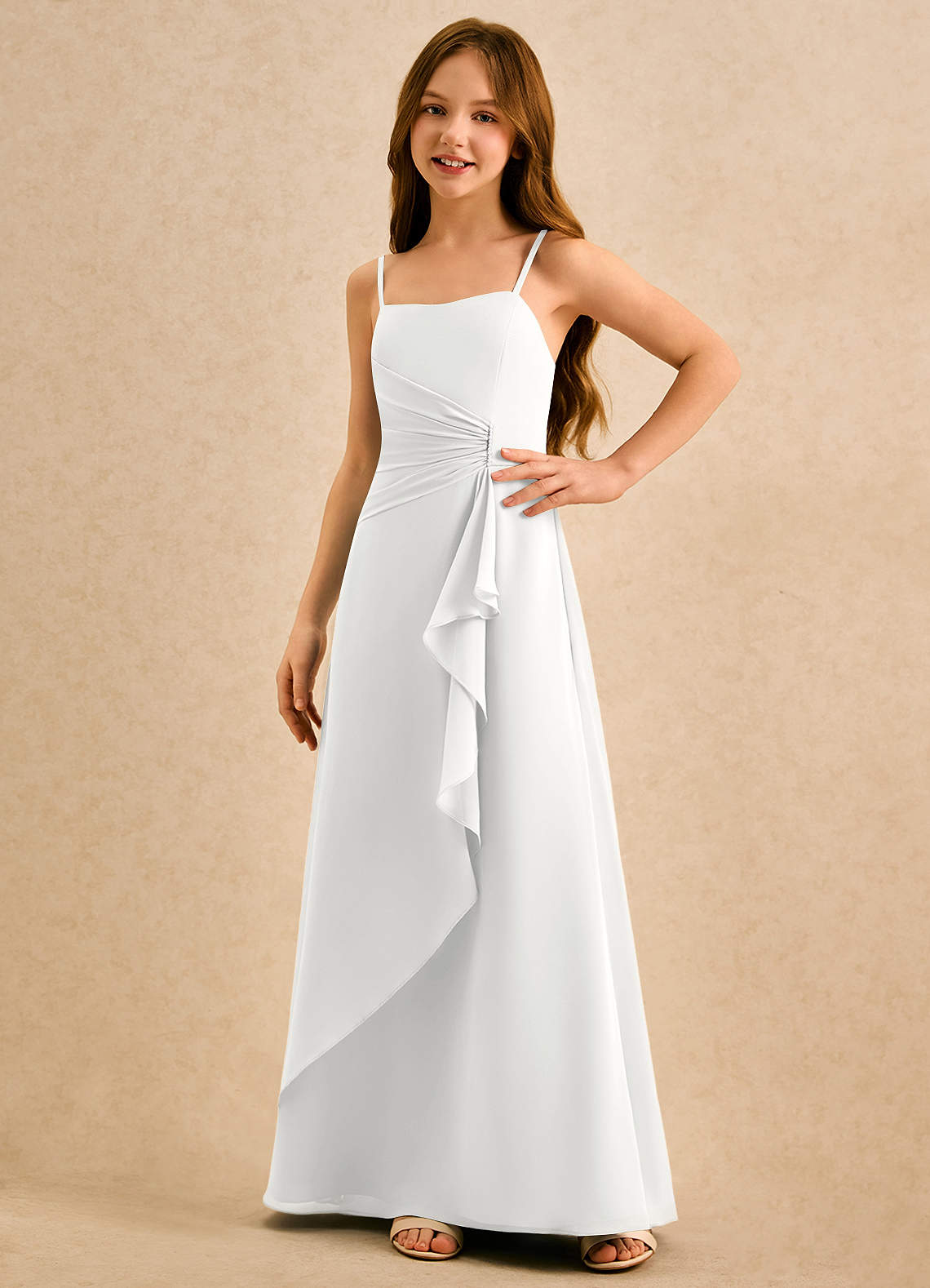 Azazie lolly Girls Formal Robe Demoiselle D'honneur Fillette Robe Trapèze en Mousseline de soie Plissée Blanc image4