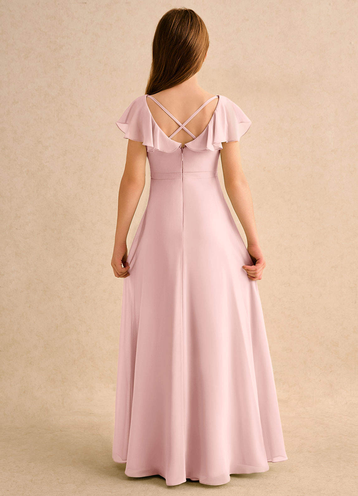 Azazie Nari Girls Formal Flower Girl Dresses Powder Pink A-Line with Sleeves Chiffon Dress image6