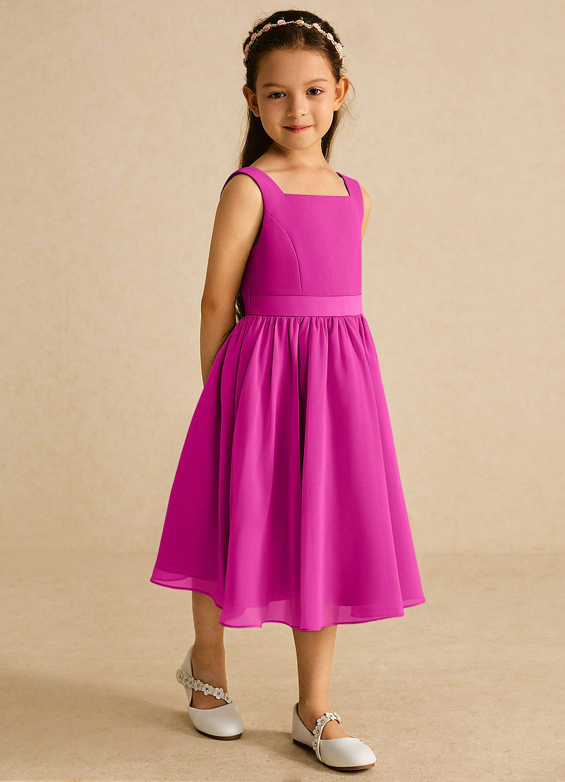 Azazie Ari Blumenmädchenkleider A-Linie ärmellos Chiffon Kleid Fuchsia image4
