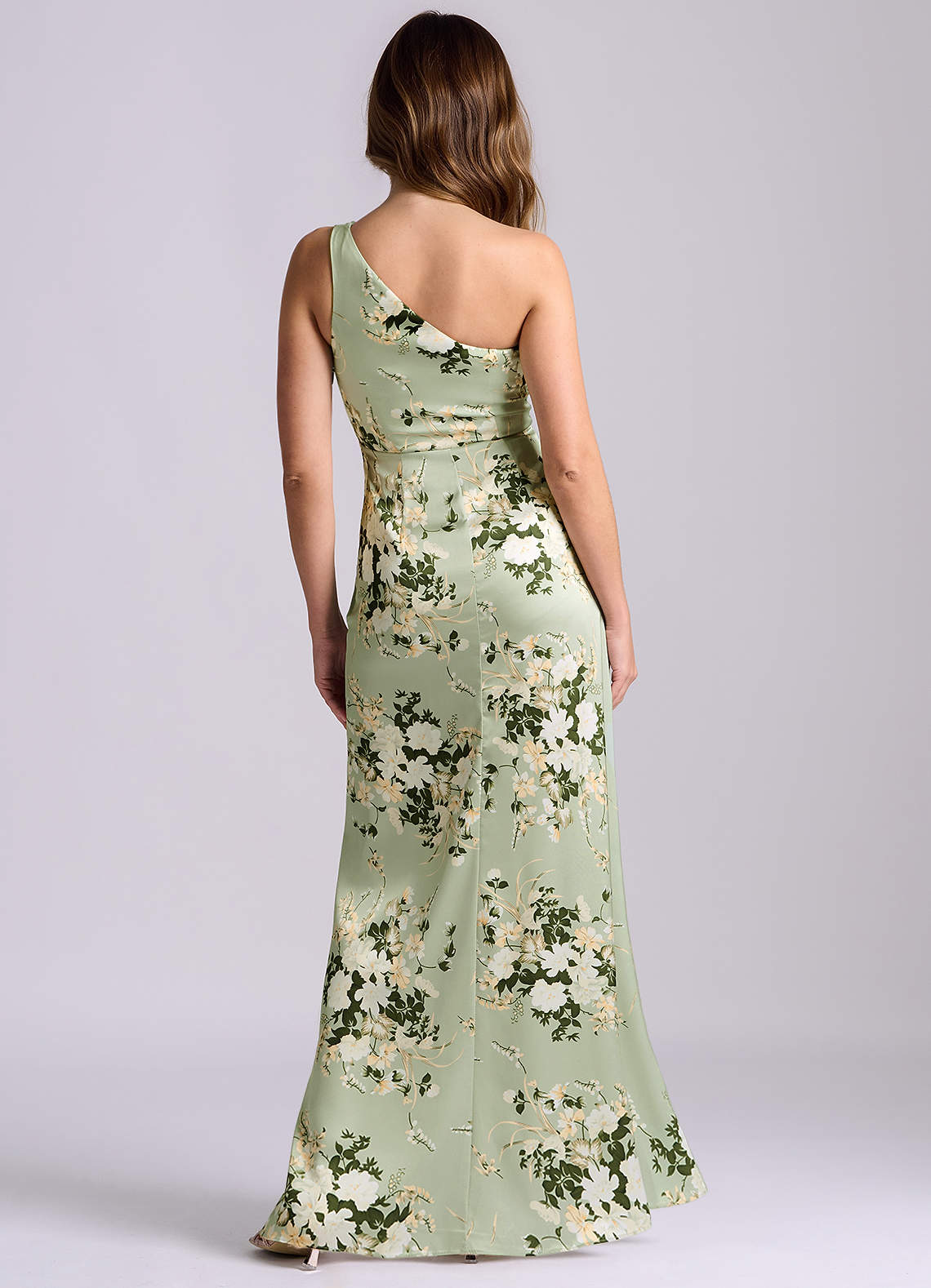 Azazie Phaedra Vestidos de damas de honor Vestido de Enredaderas Florales de Satén Elástico de Corte en A con Hombro unilateral image1