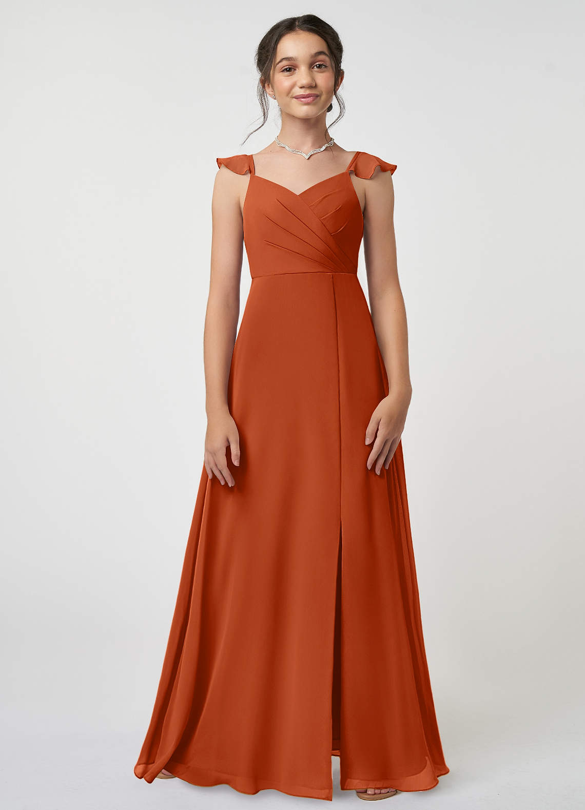 Azazie Amada Junior Burnt Orange A-Line Ruched Chiffon Dress image1