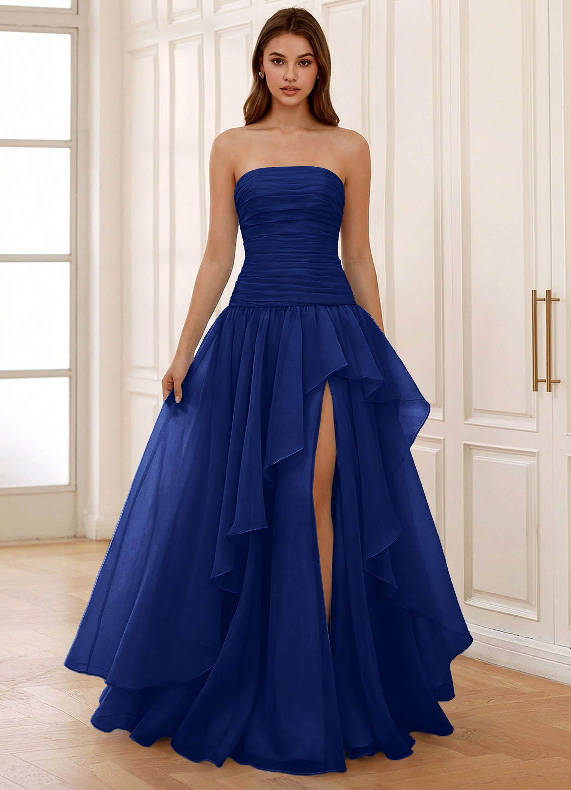ball gown royal blue prom dress Ocavivien Tulle Yellow Length