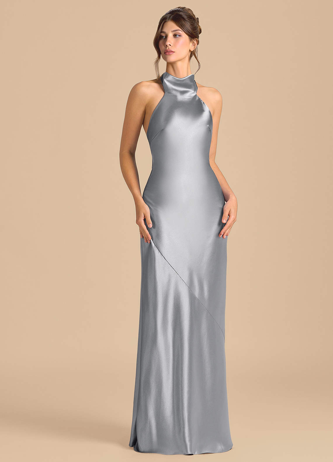 Azazie Velli Morsiusneito Mekot Vaippa Korkea kaulus Metallinen satiini Lattian pituus Pukeutua image1