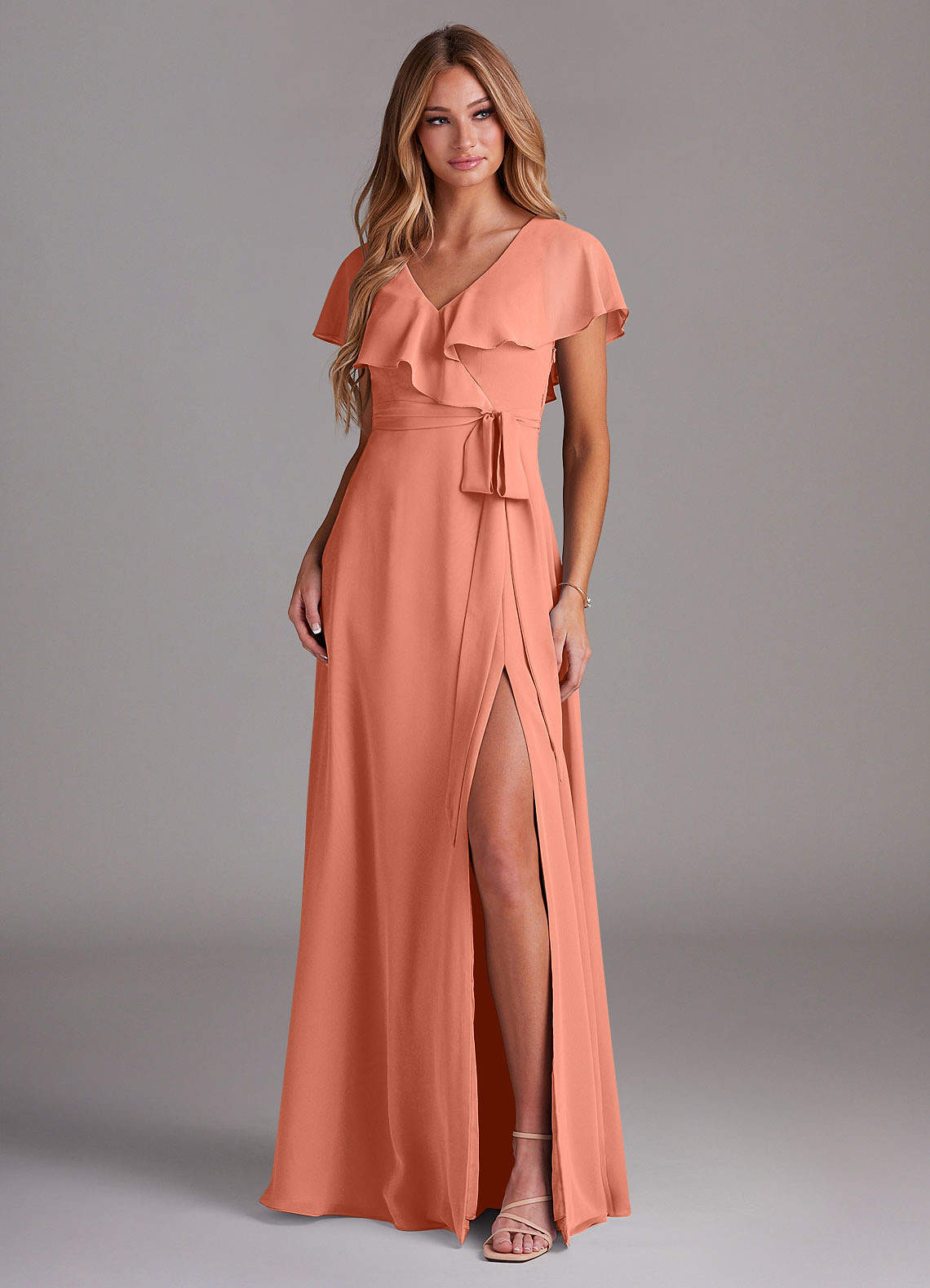 sunset bridesmaid dresses BABARONI Chiffon Halter Floor-length Sleeveless Ruched A-line, Sunset / US0 Empire Fabric Sunset Bridesmaid Dresses- ChicSew