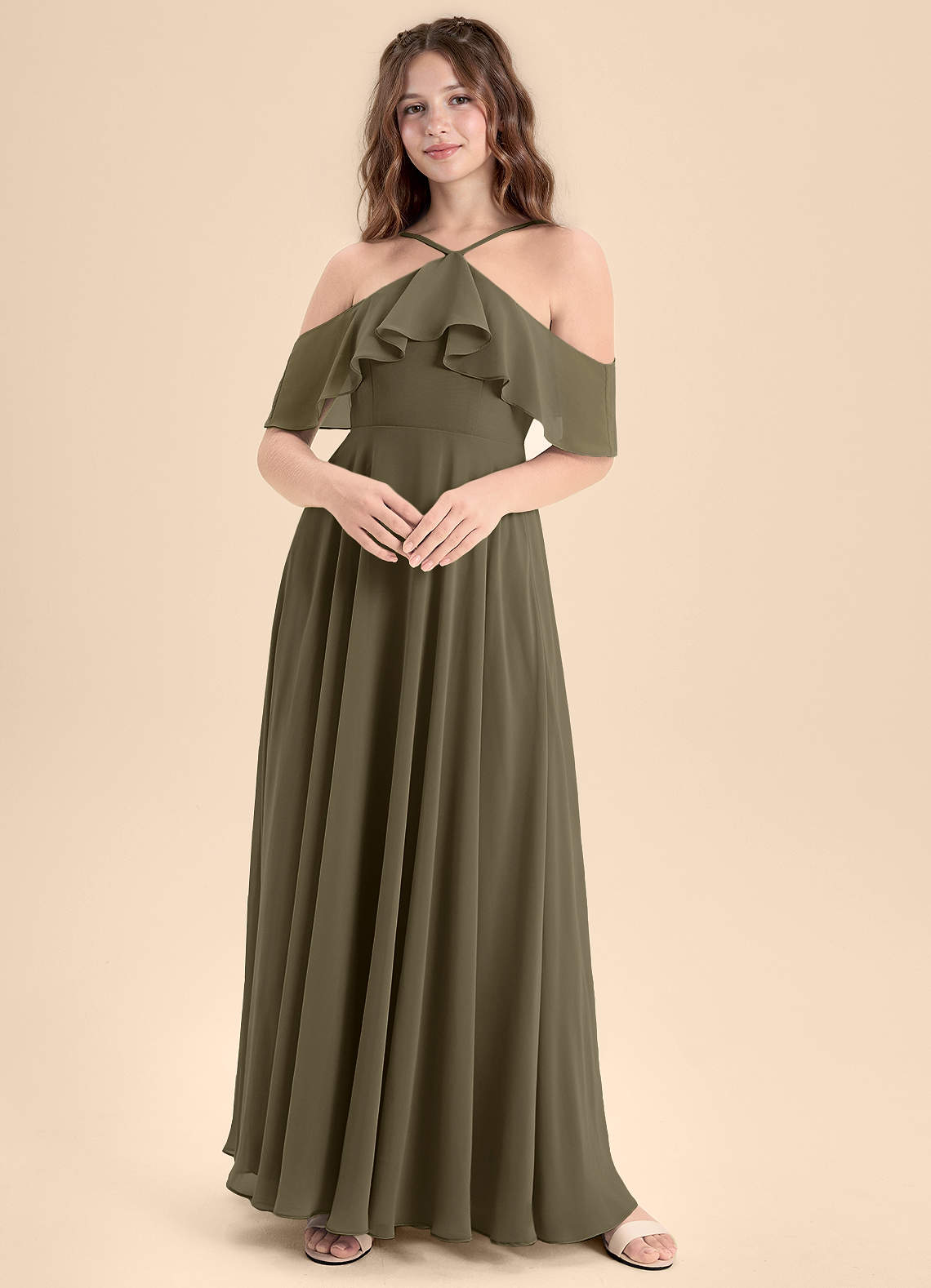 Azazie Tessabelle Junior Jurk van Chiffon met A-Lijn Off the Shoulder Wilgengroen image1