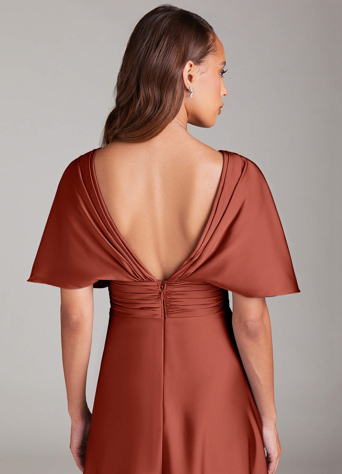 Azazie Pamela Robes de demoiselle d'honneur Robe Trapèze en Satin extensible Plissée Terracotta image5