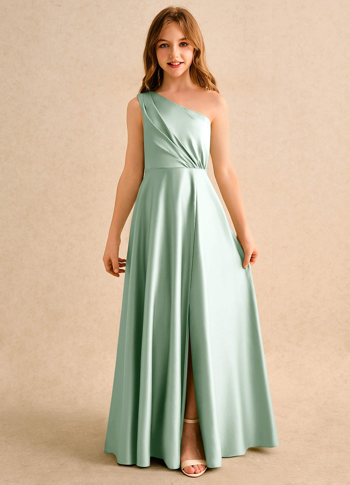 Azazie Puddles Girls Formal Jurken voor bloemenmeisjes A-Lijn Jurk van Mat Satijn One-shoulder Agave image3