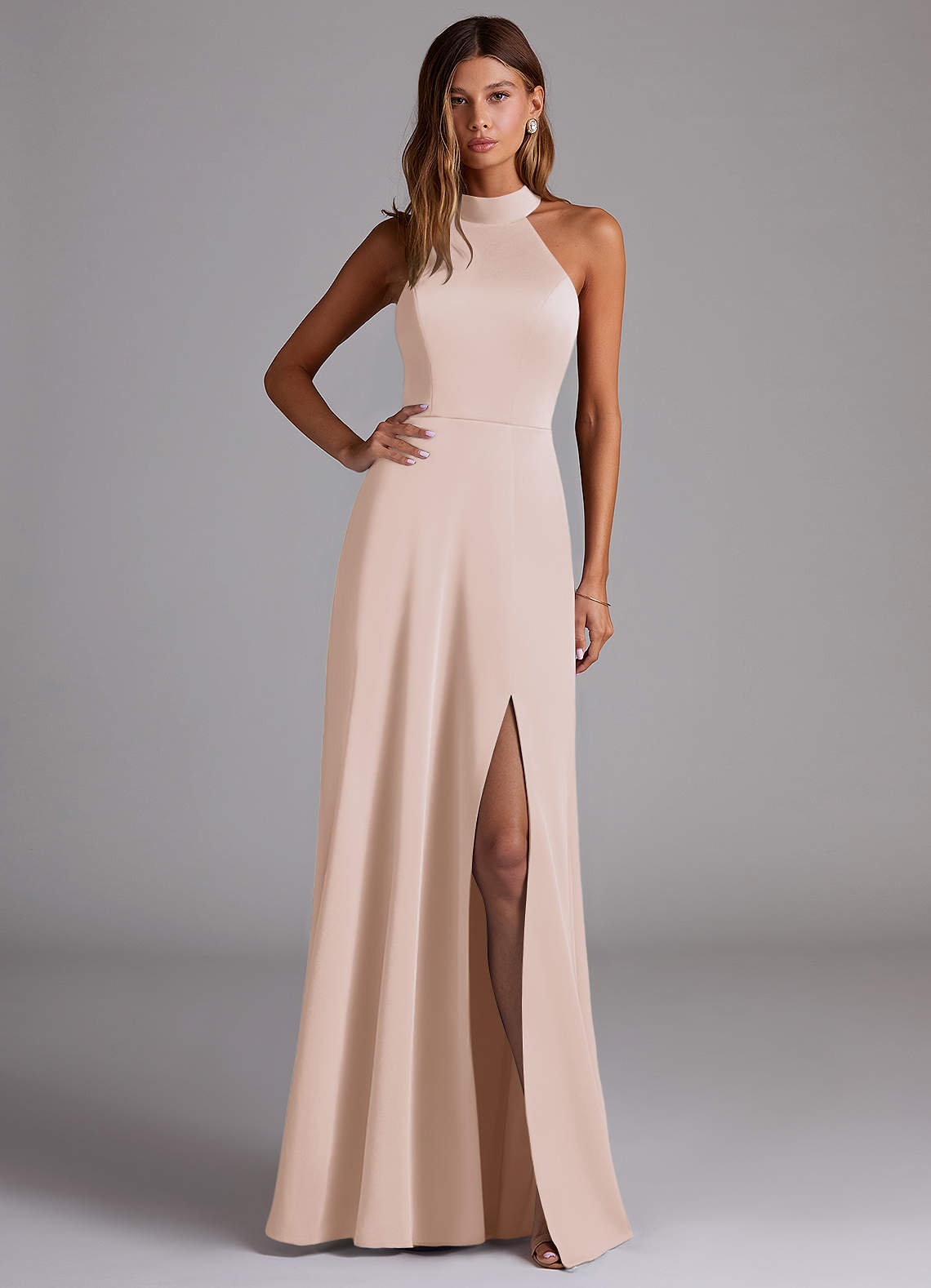 Azazie Myra Bridesmaid Dresses Blushing Pink A-Line Side Slit Stretch Satin Dress image1