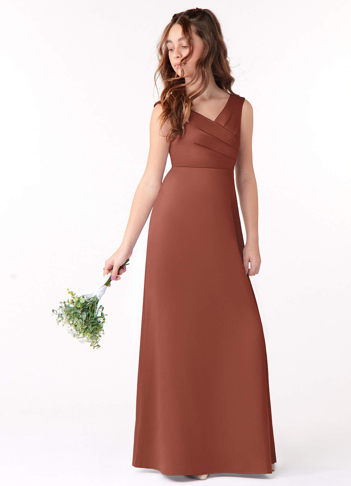Azazie Sadia Junior Auburn A-Line Pleated Stretch Satin Dress image1