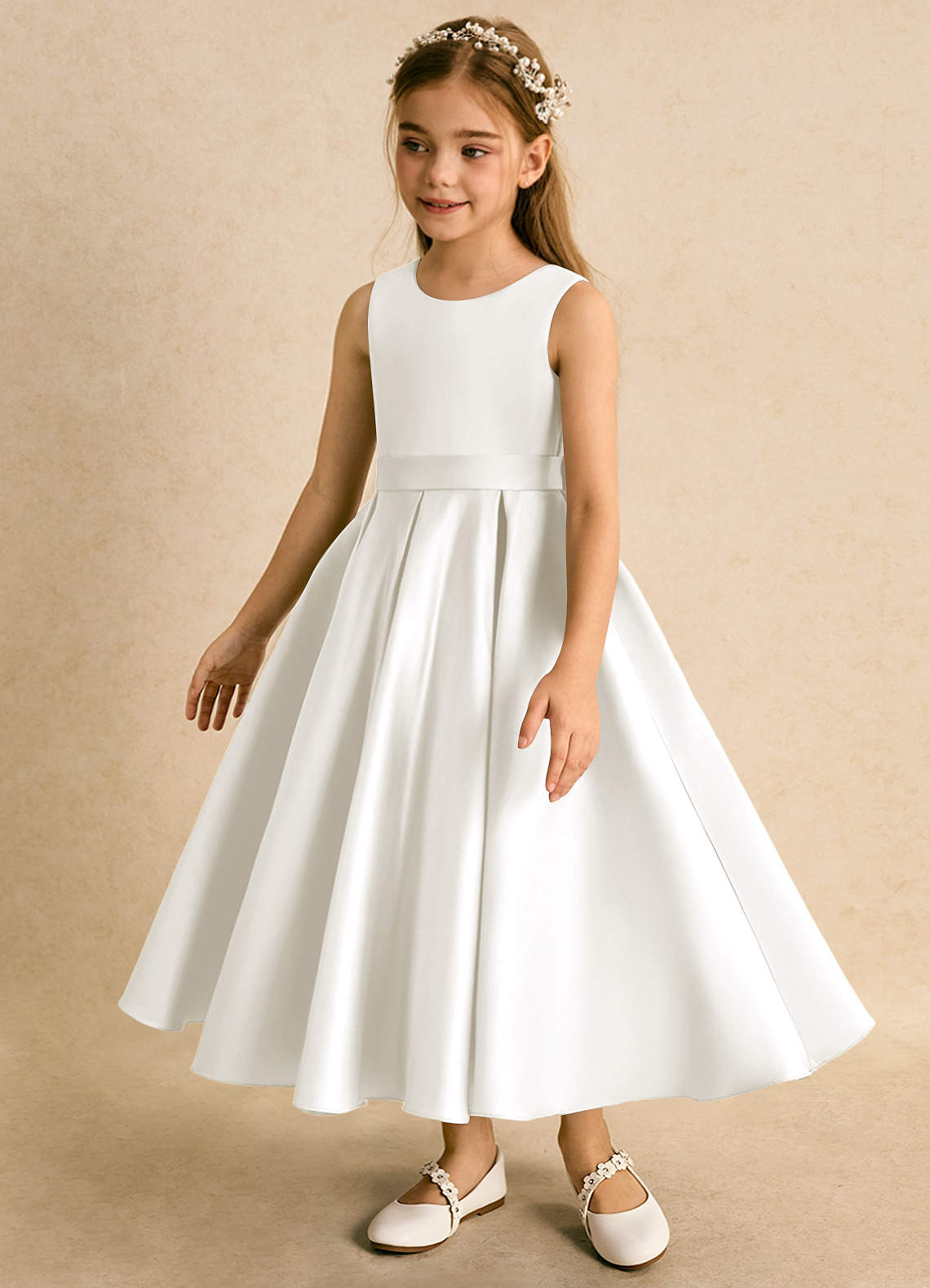 Azazie Junebuj vestidos de niña de las flores Vestido de Marfil de Satin Mate de Princesa con Plisado image2