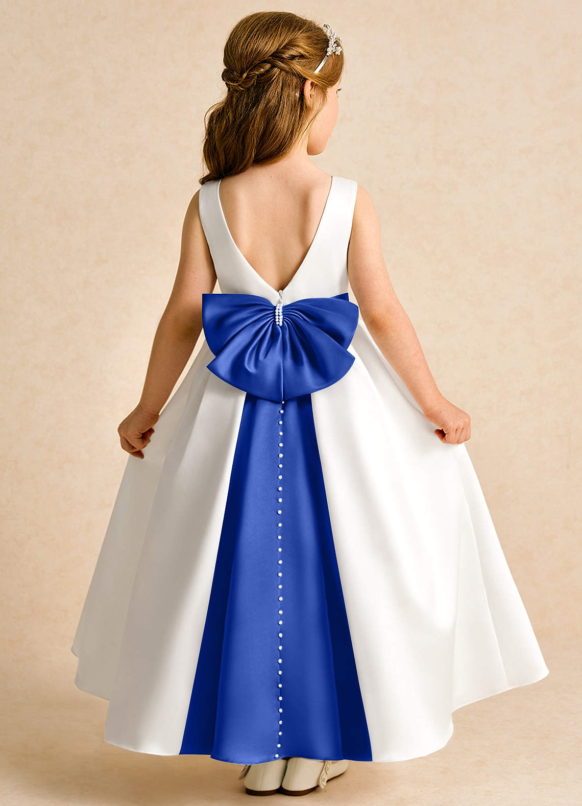 Azazie Cherry Abiti da Ragazza di Fiori Abito Principessa in Raso Opaco Plissettato Avorio Blu Reale image1