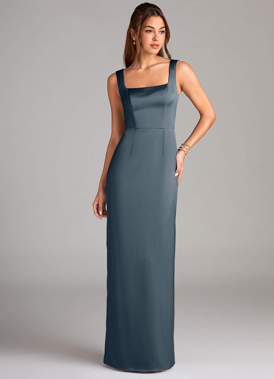 Azazie Flori Bridesmaid Dresses Twilight Sheath Side Slit Stretch Satin Dress image1