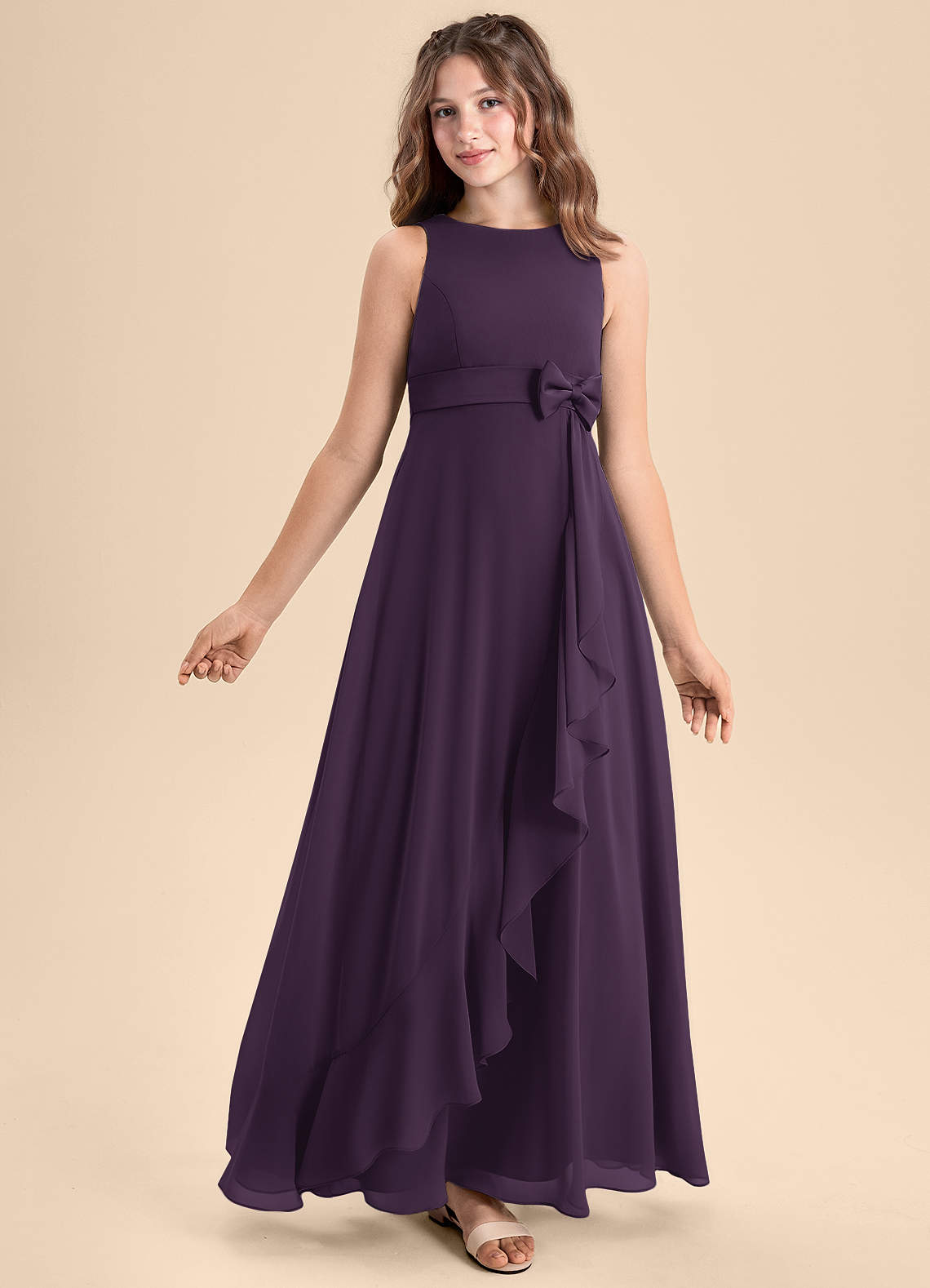 Azazie Lilenne Junior Plum A-Line Bow Chiffon Dress image1