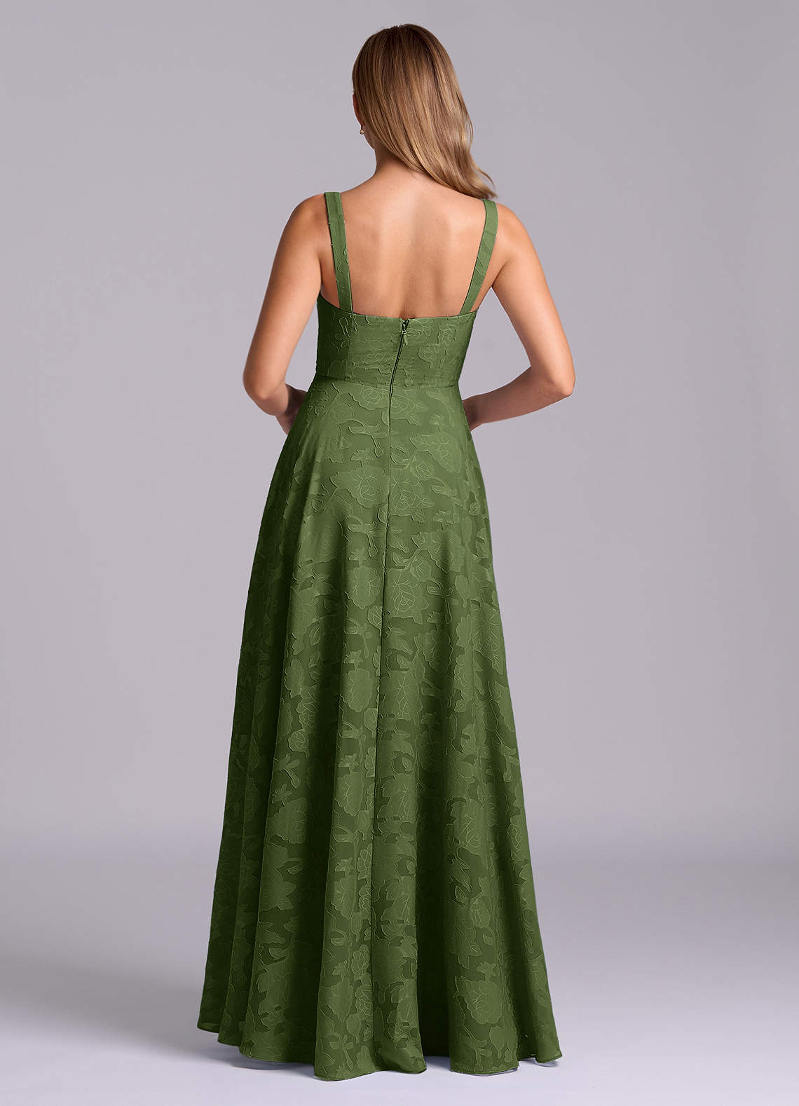 Azazie Shaude Bridesmaid Dresses Olive A-Line Pleated Floral Burnout Dress image1
