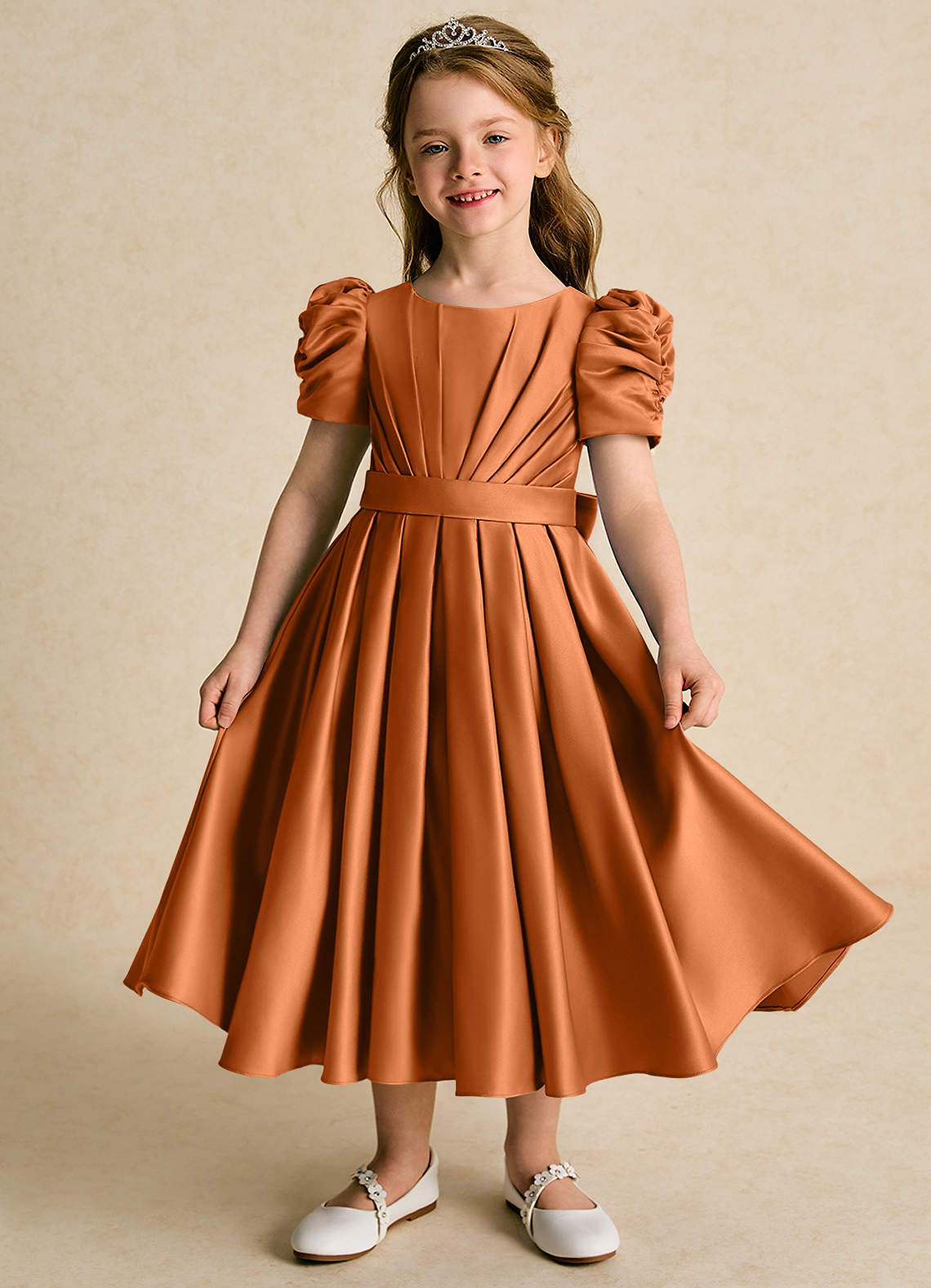 Azazie Miriam vestidos de niña de las flores Vestido de Cobre de Satin Mate de Princesa con Plisado image1