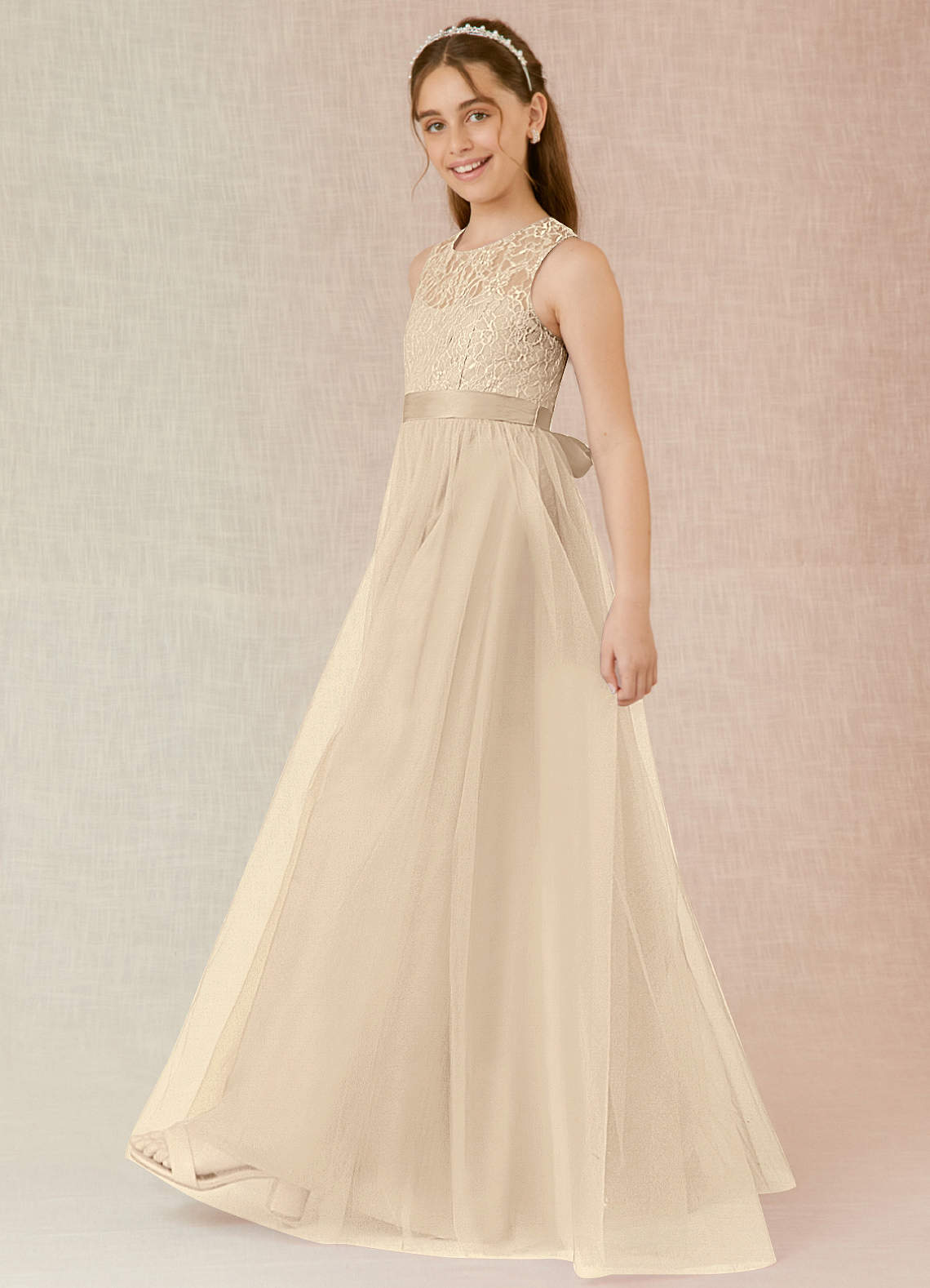 Azazie Georgette Junior Champagne A-Line Lace Tulle Dress image2
