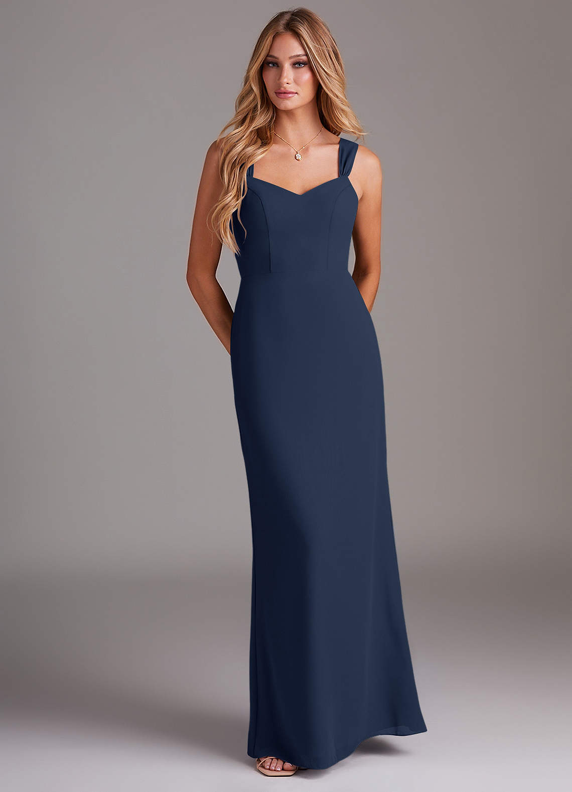 Azazie Denice Bridesmaid Dresses Dark Navy Sheath Pleated Chiffon Dress image1