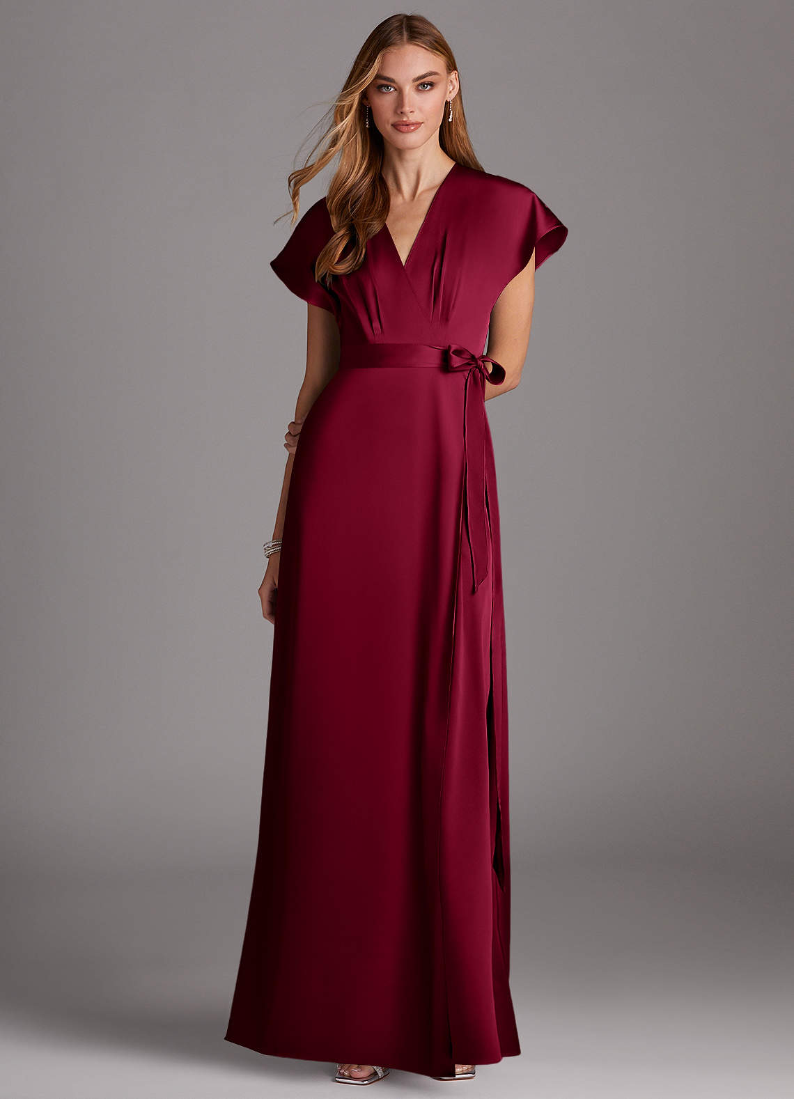 Azazie Nico Bridesmaid Dresses Burgundy A-Line V-Neck Stretch Satin Dress image1