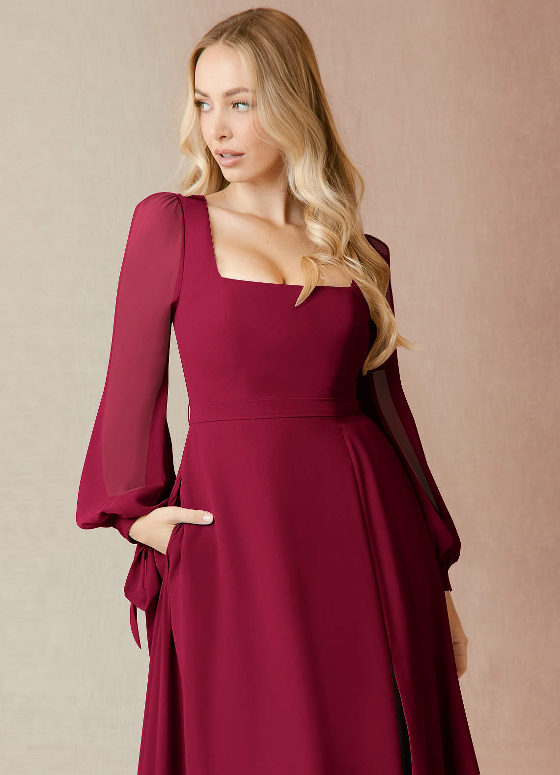 Azazie Leonia Bridesmaid Dresses Burgundy A-Line Long Sleeve Chiffon Dress image5