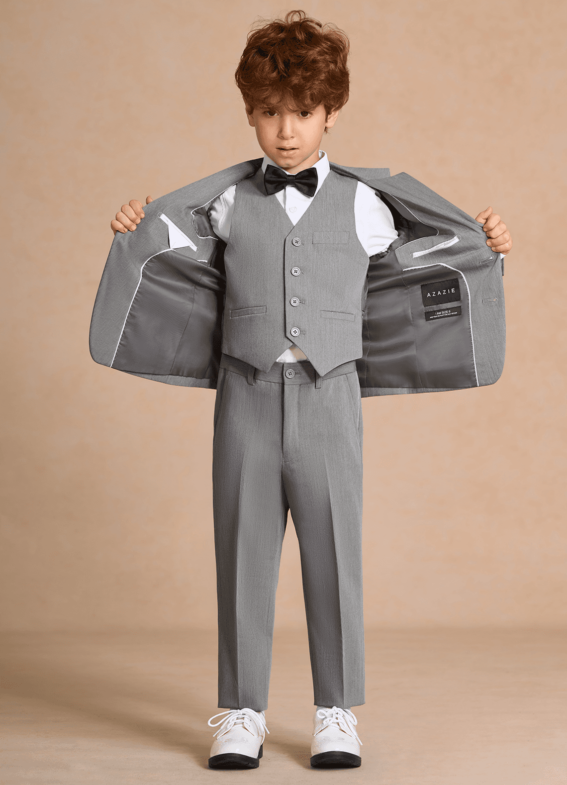 front Oliver Grey Boys 5-Piece Suit With Bow Tie