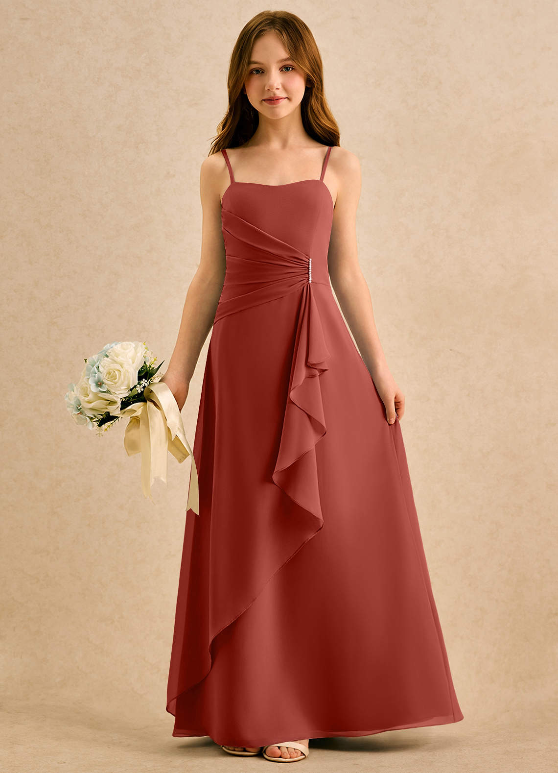 Azazie lolly Girls Formal Robe Demoiselle D'honneur Fillette Robe Trapèze en Mousseline de soie Plissée Terracotta image2