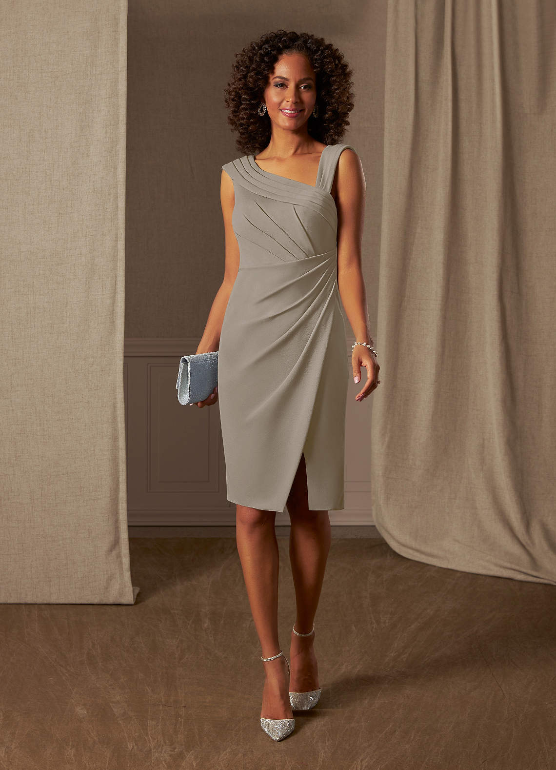 Azazie Cecily At-home Try On Dresses Taupe Sheath Stretch Crepe Dress image1