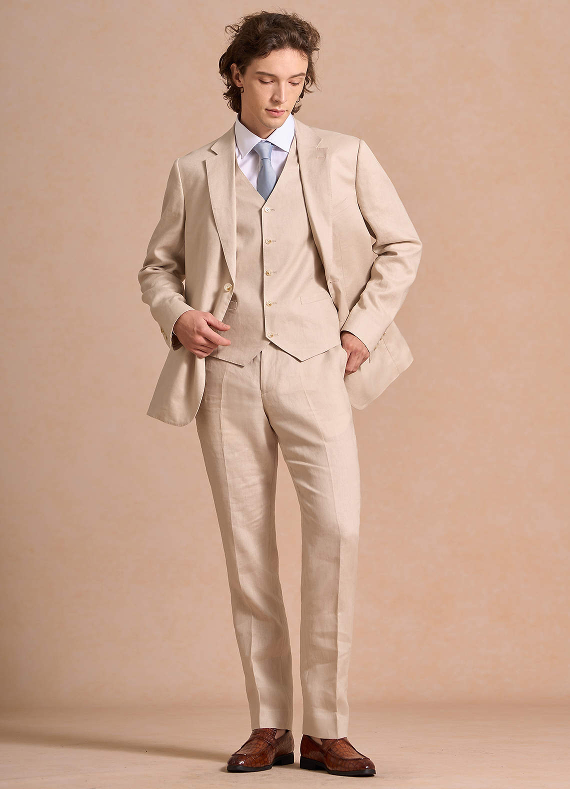 front Harrison Tan 100% Linen Dress Pants