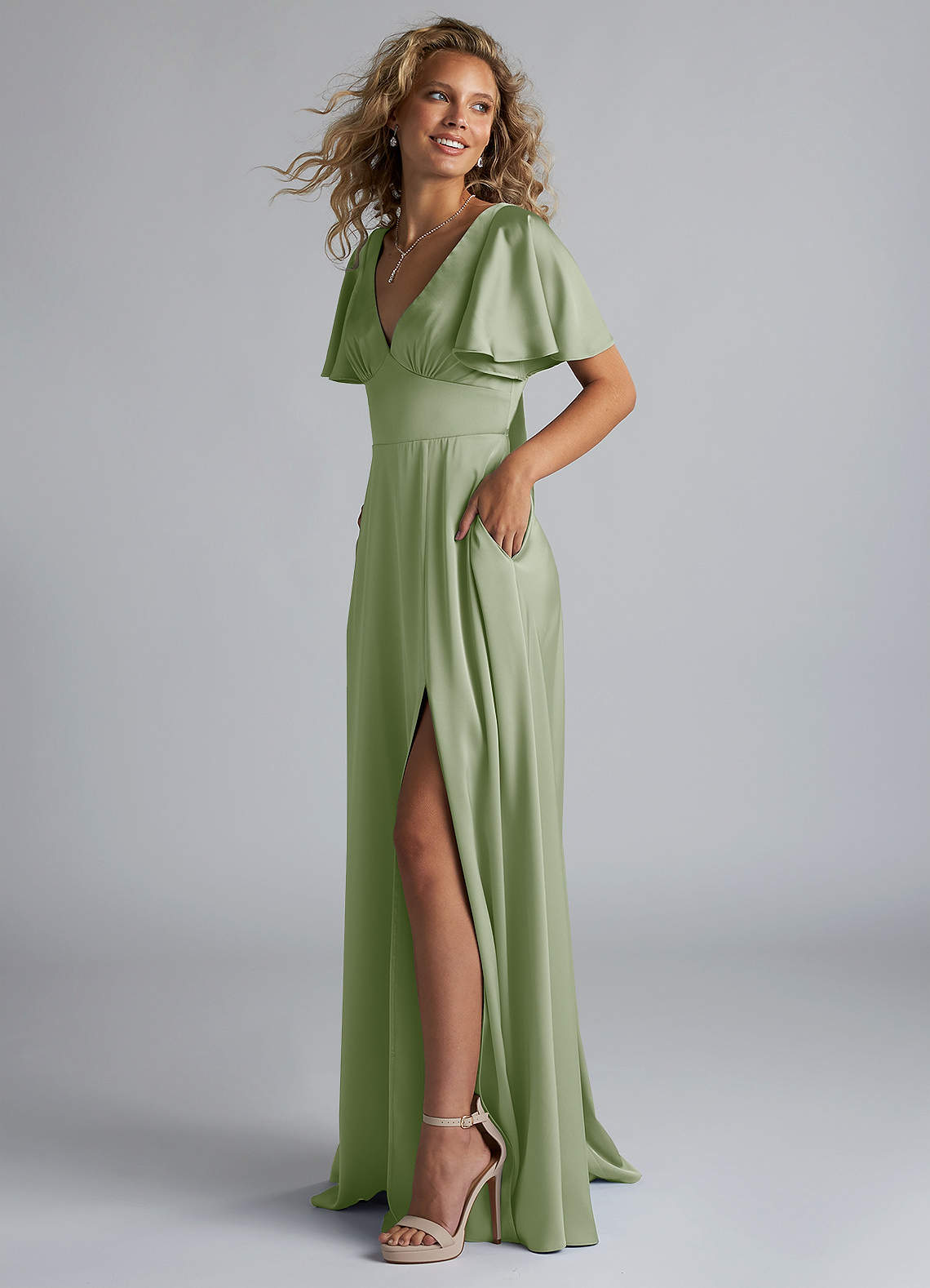 Azazie Kimber Bridesmaid Dresses Dusty Sage A-Line Ruched Stretch Satin Dress image5