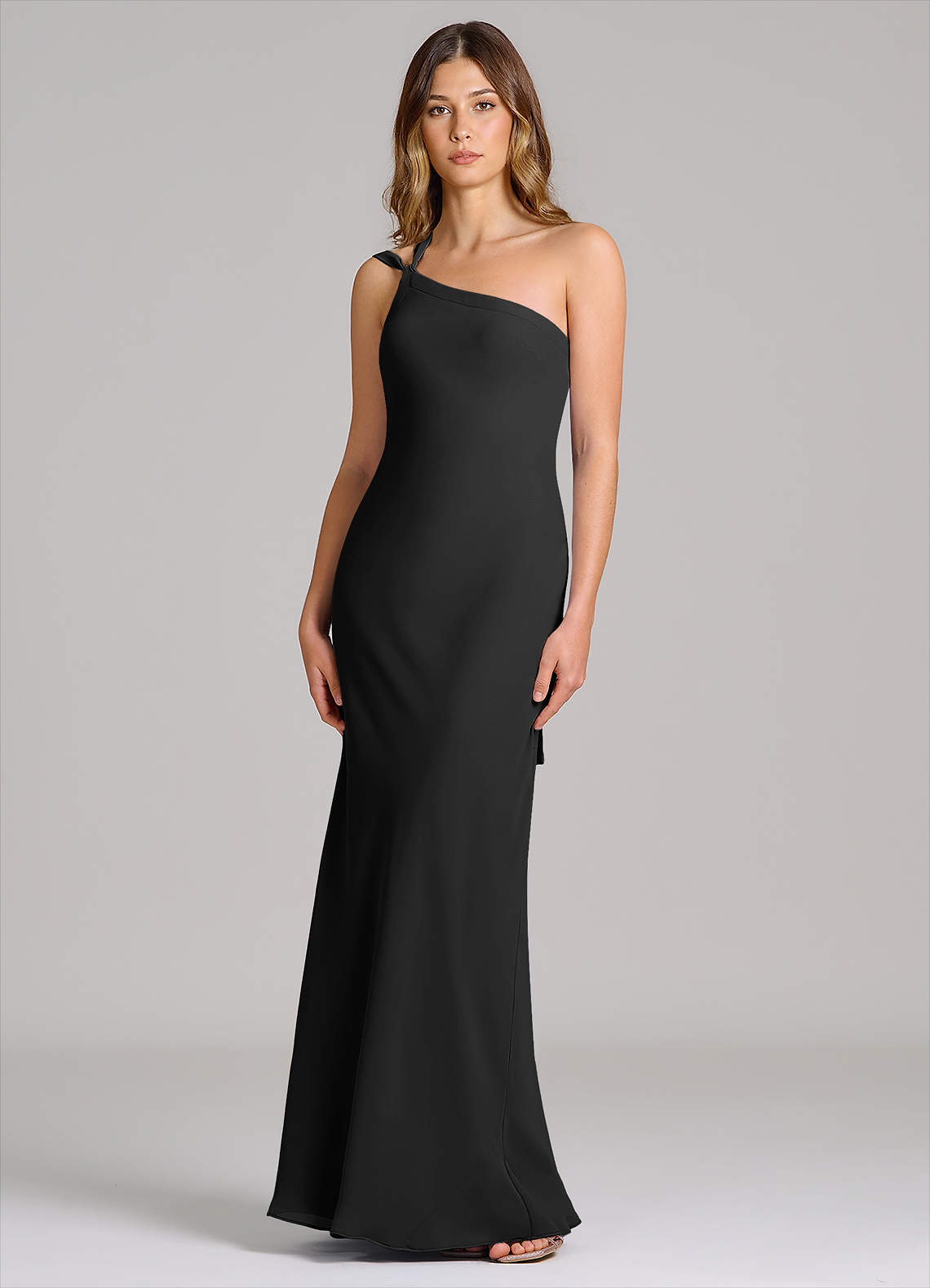 black one shoulder chiffon dress Azazie Monroe