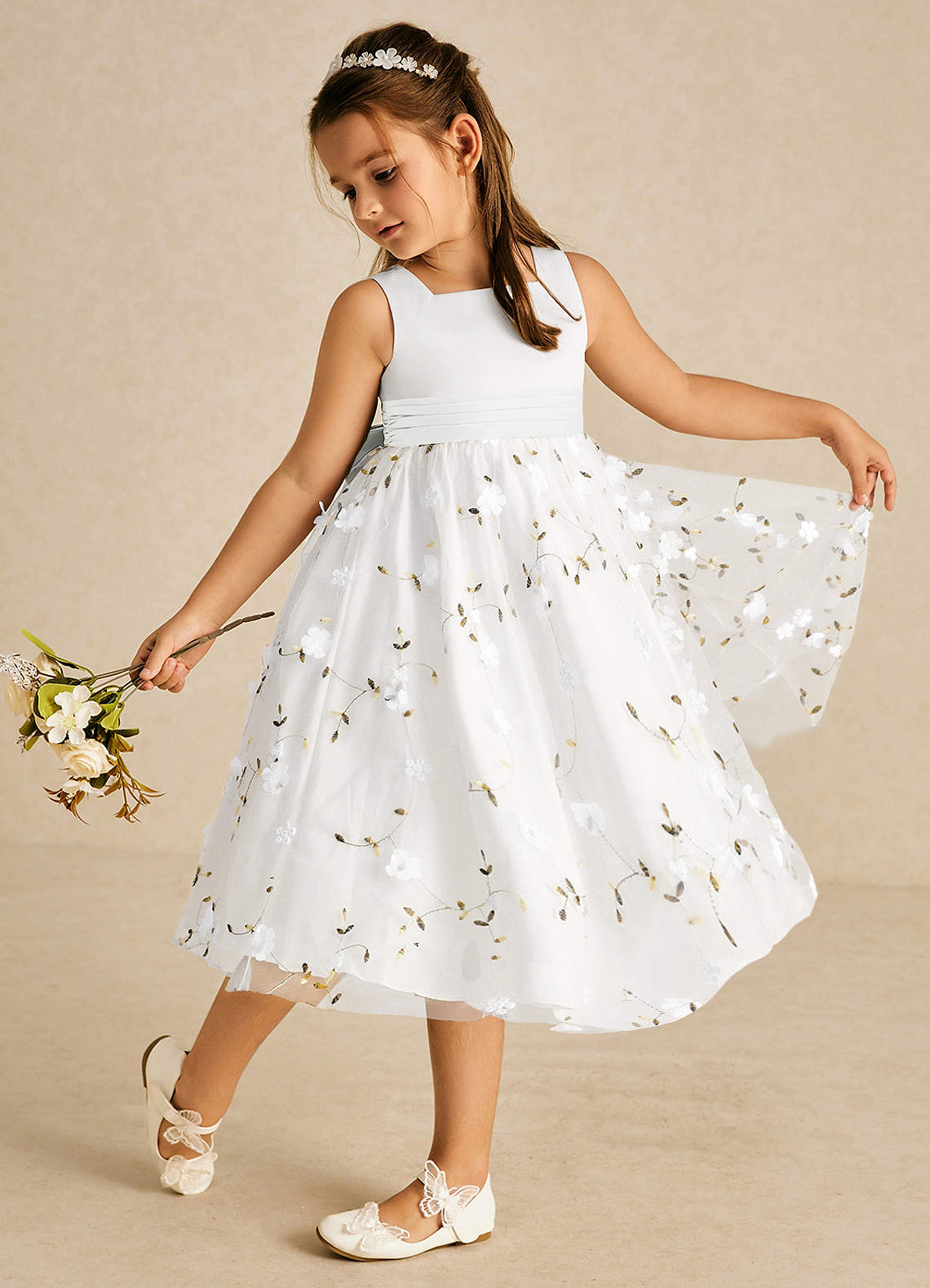 Azazie Pollie Flower Girl Dresses Diamond White A-Line Bow Tulle Dress image1