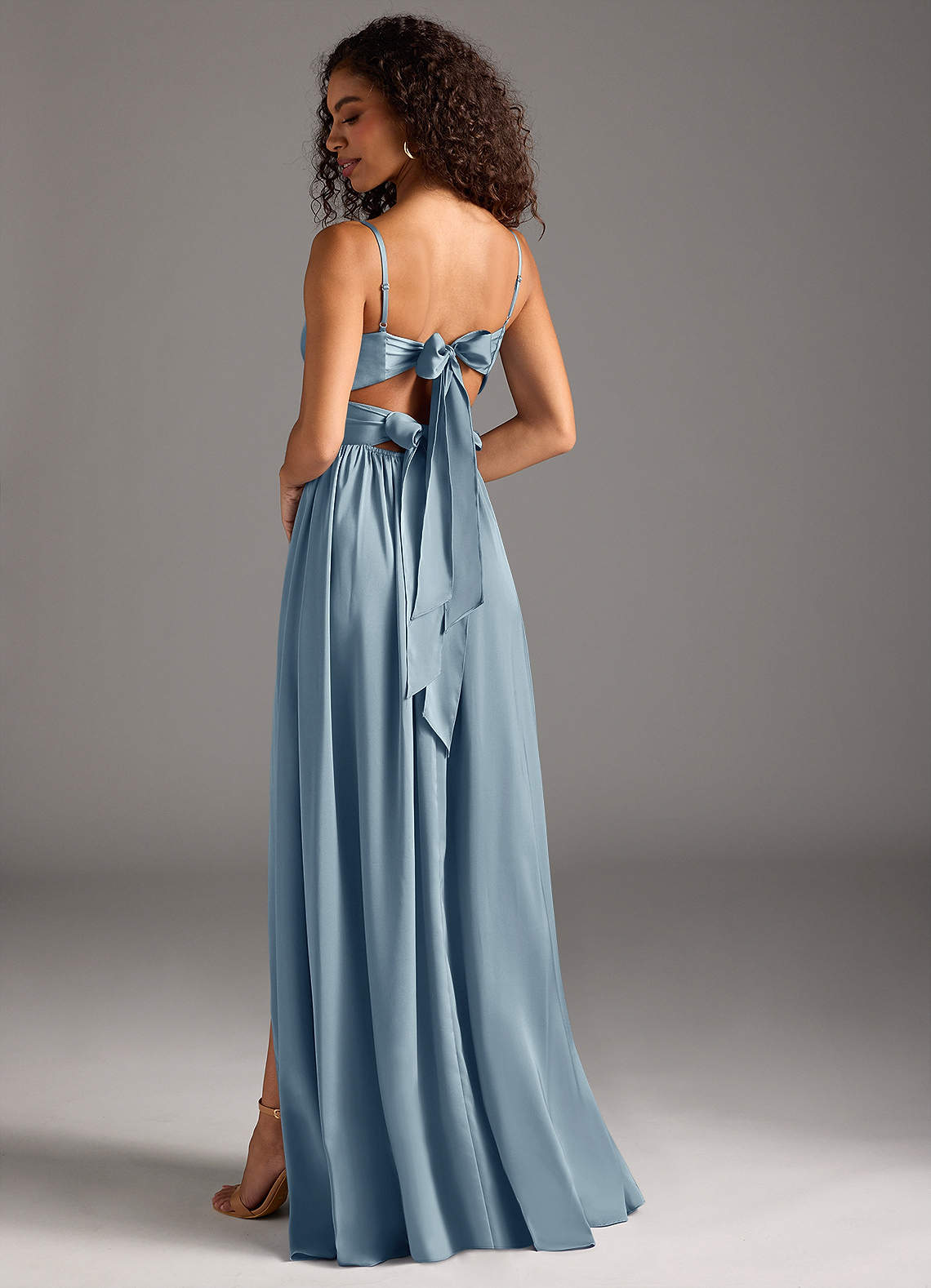 Azazie Zeya Bridesmaid Dresses Dusty Blue A-Line Pleated Stretch Satin Dress image1