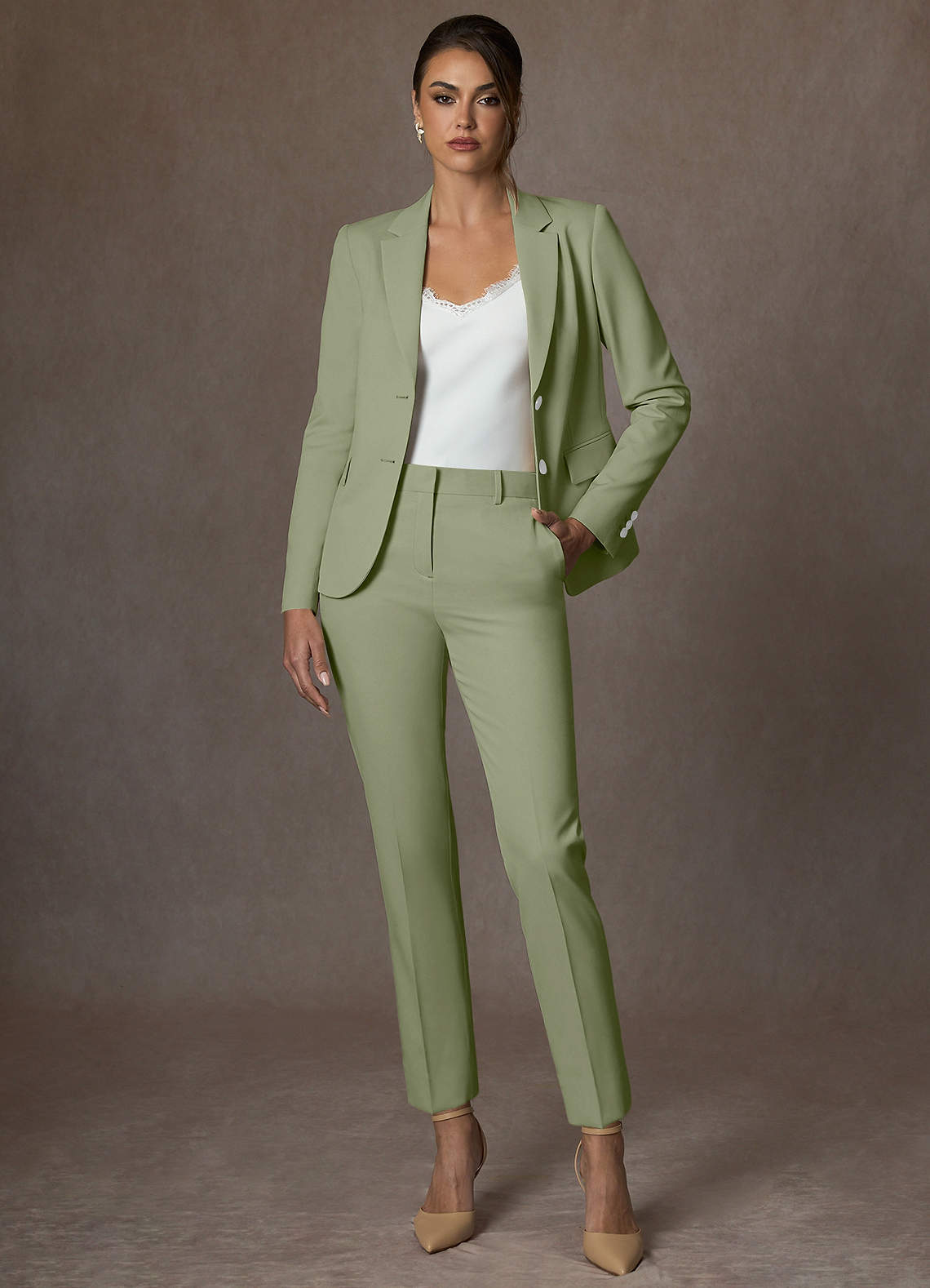 front Whitney Pistachio Structured Stretch Full Length Pants Suit