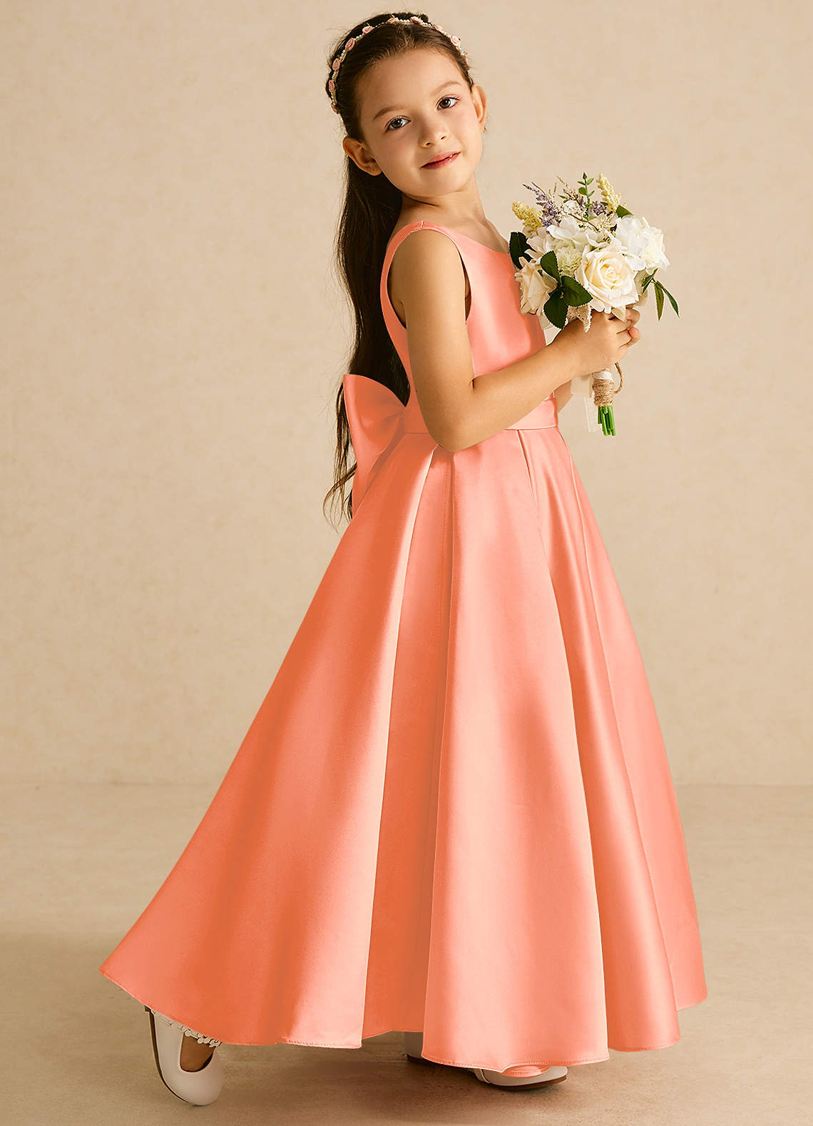 Azazie Pipsy Flower Girl Dresses Sunset A-Line Bow Matte Satin Dress image2
