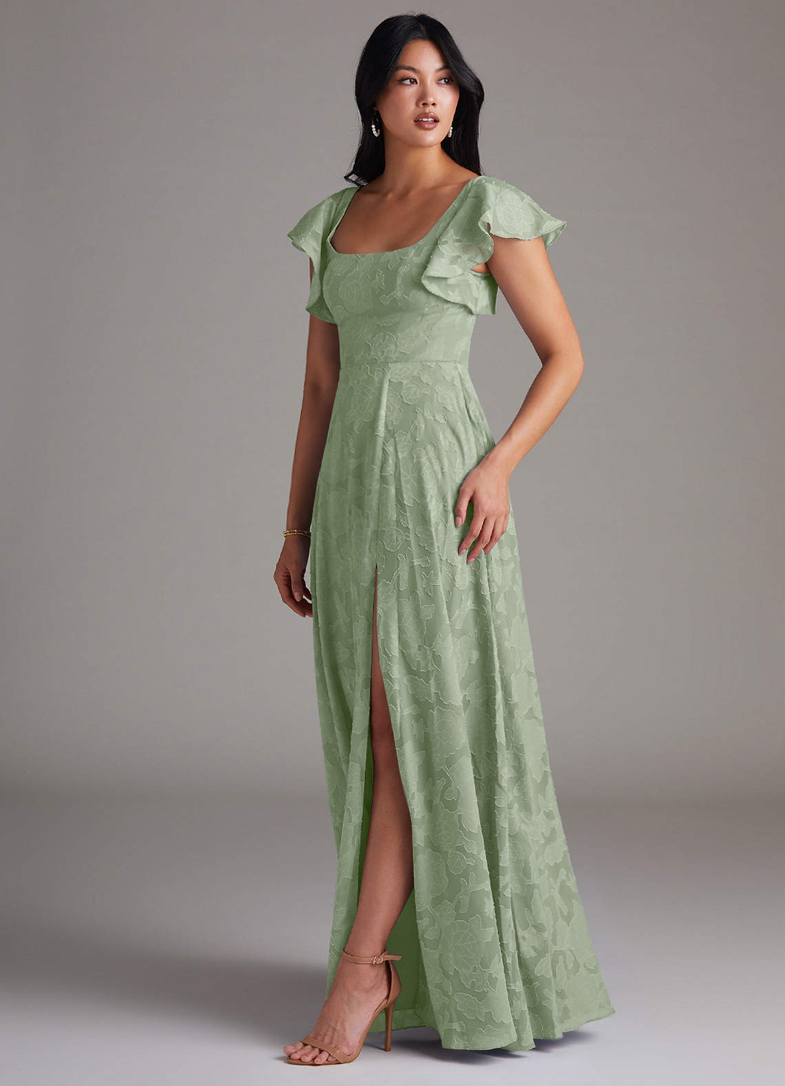 Azazie Bondi Bridesmaid Dresses Dusty Sage A-Line Side Slit Floral Burnout Dress image1