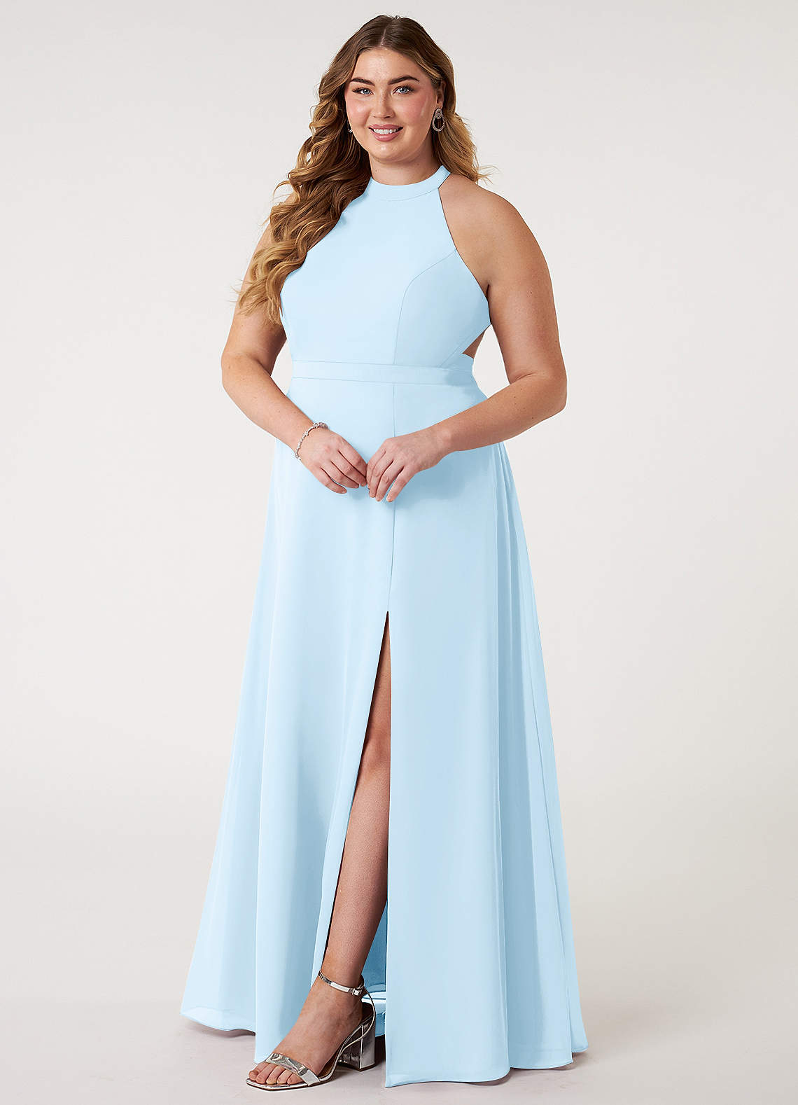 Azazie Plus Size A-Line Halter Neck Floor-Length Chiffon Bridesmaid Dresses - Sky Blue