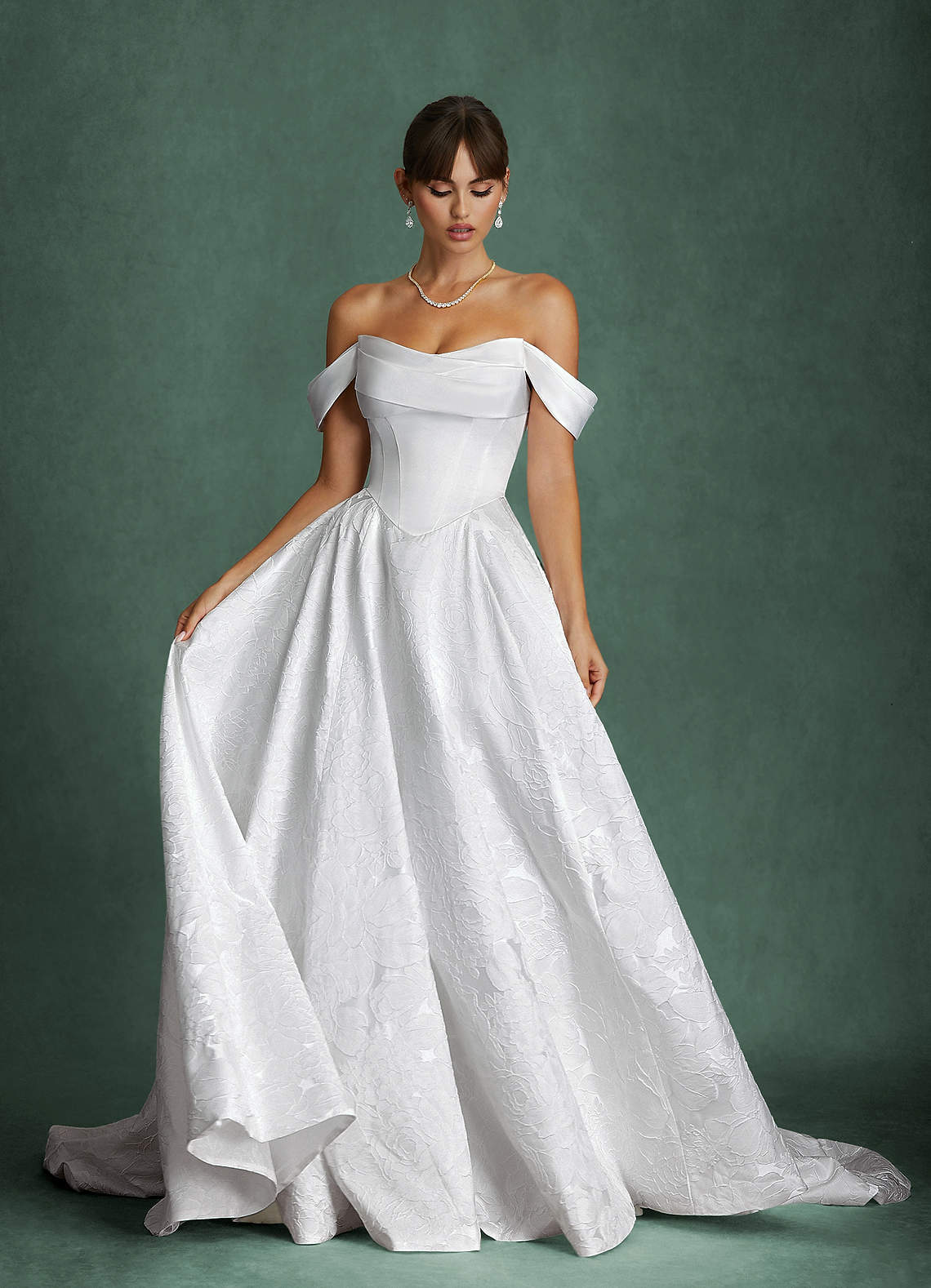 floral jacquard a-line wedding dress Azazie 2026 Fairy Tale White Elegant Chapel Train Scoop Neck Detachable Sleeves Colour:Soft Pink Hidden back zipper/clasp occasion:Work a line mermaid wedding